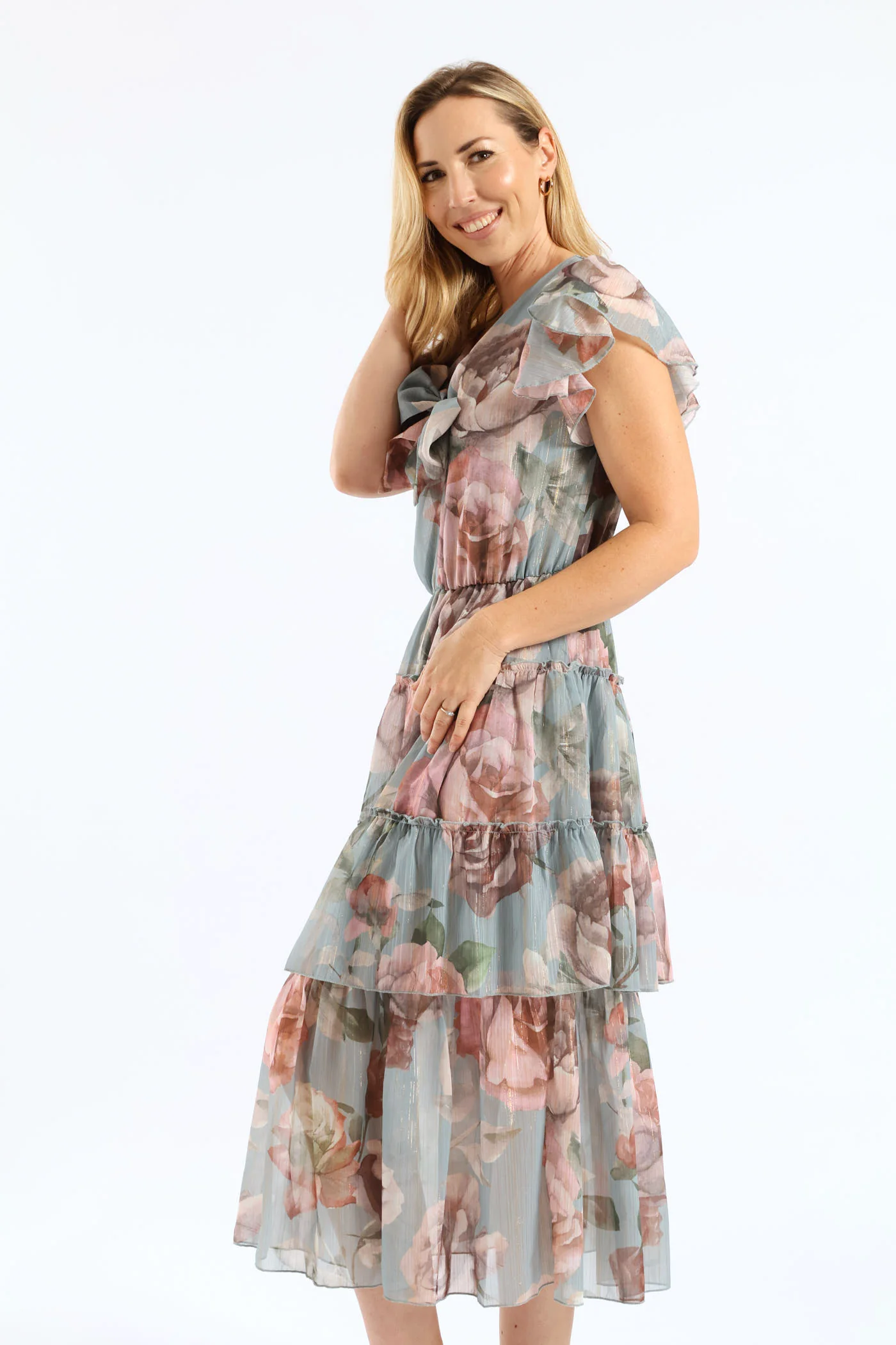 Tie Front Floral Flutter Sleeve Maxi Dress - Sage - Image 6