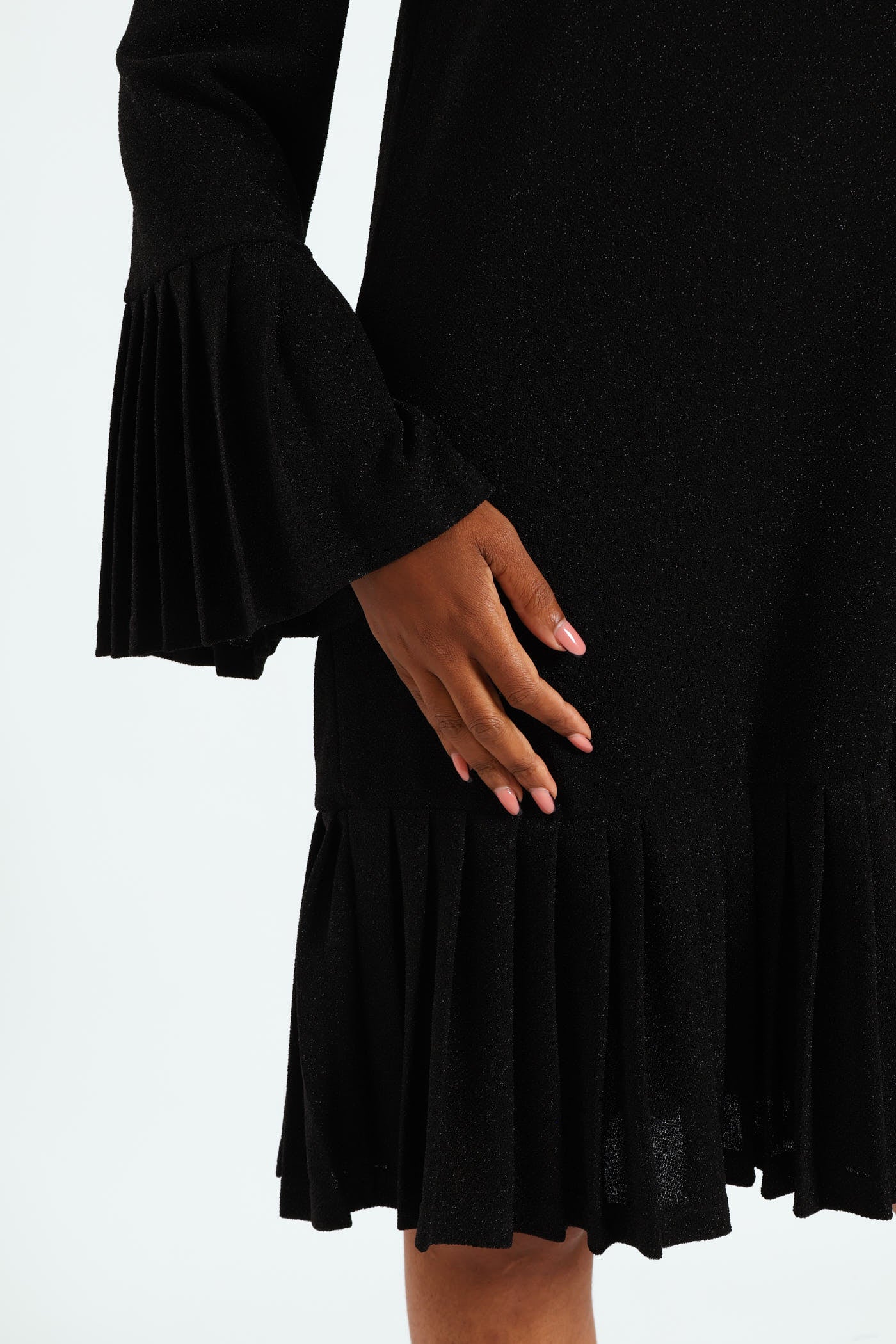 Tie Front Pleated Frill Hem Shimmer Dress - Black - Image 2