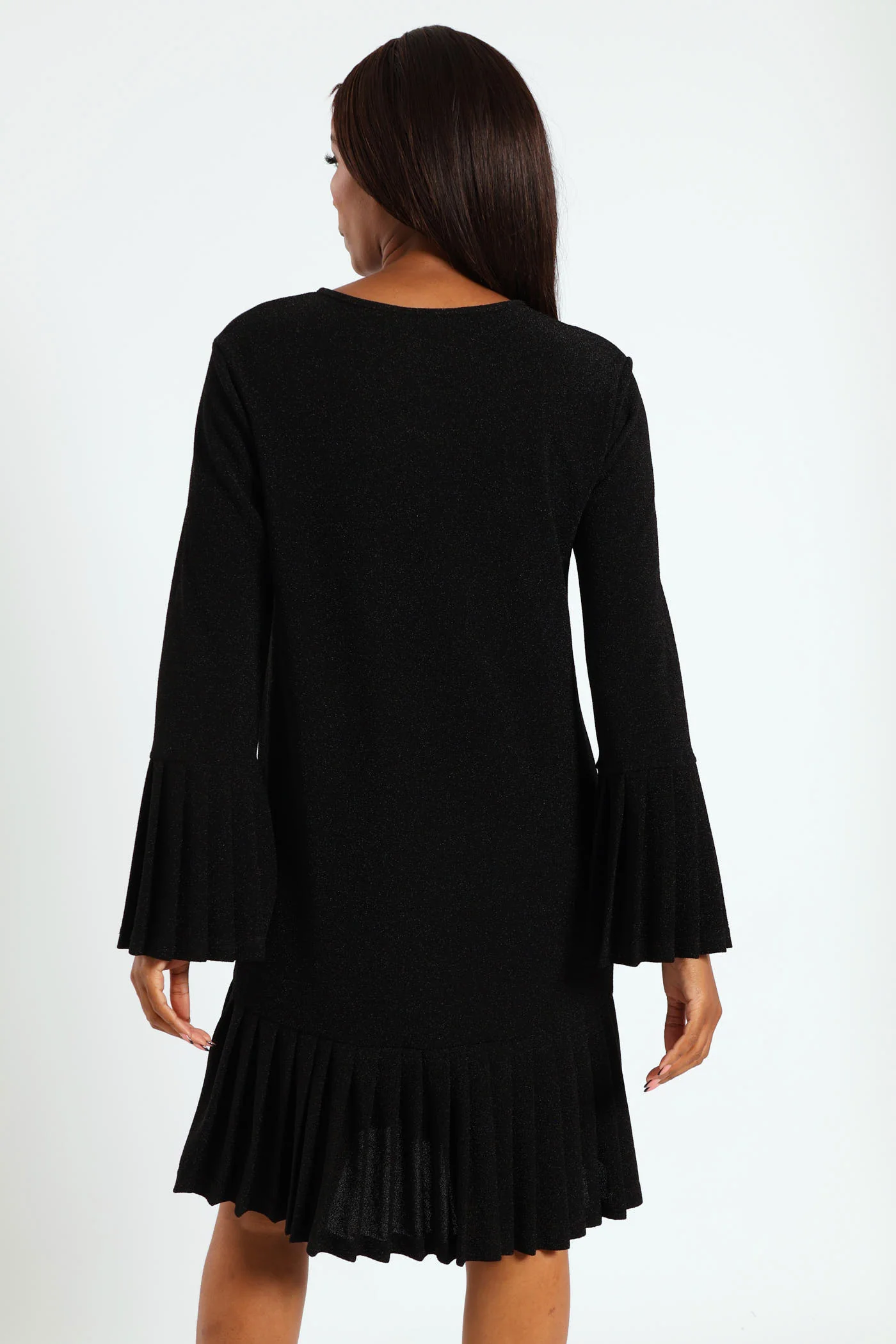 Tie Front Pleated Frill Hem Shimmer Dress - Black - Image 3