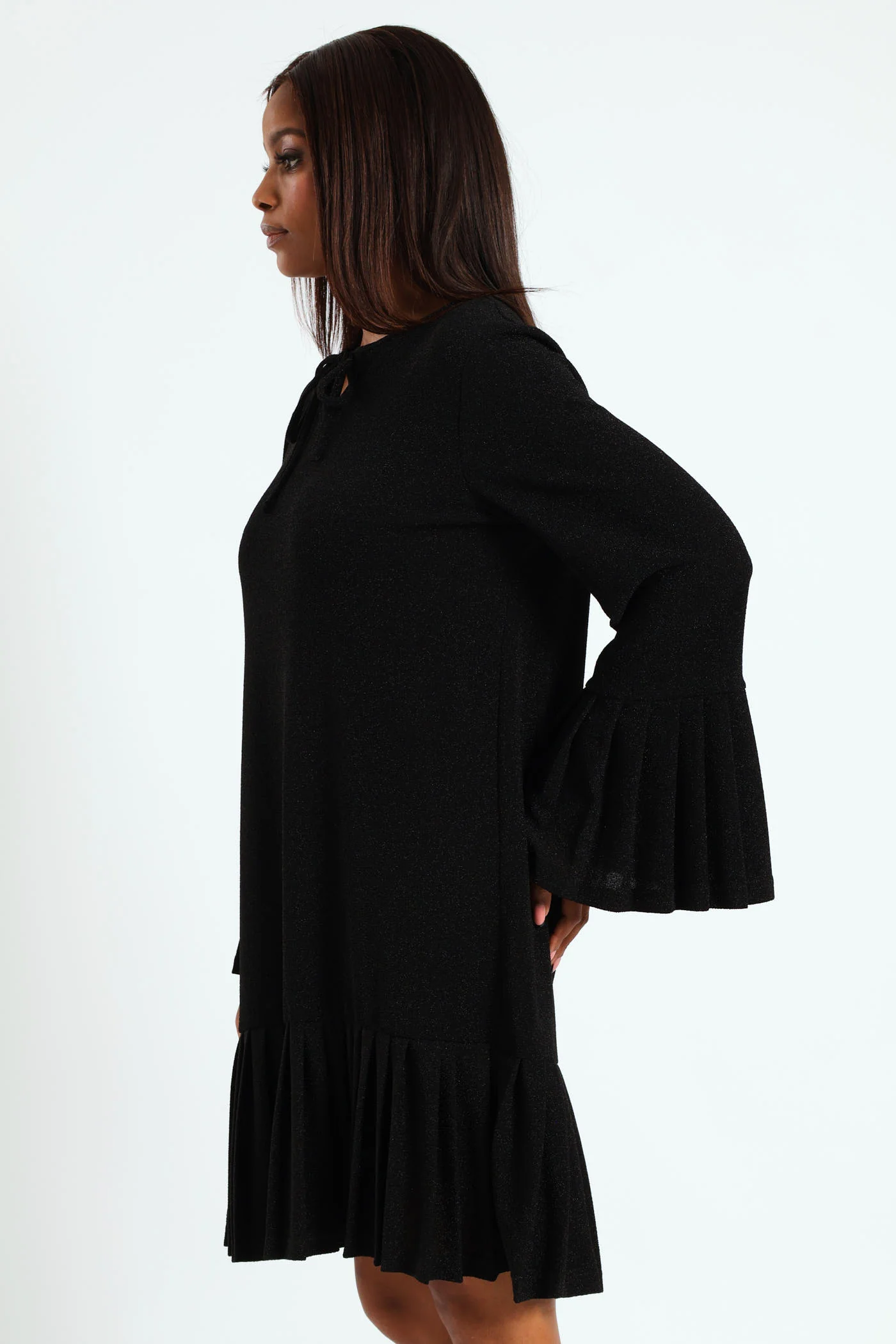 Tie Front Pleated Frill Hem Shimmer Dress - Black - Image 4