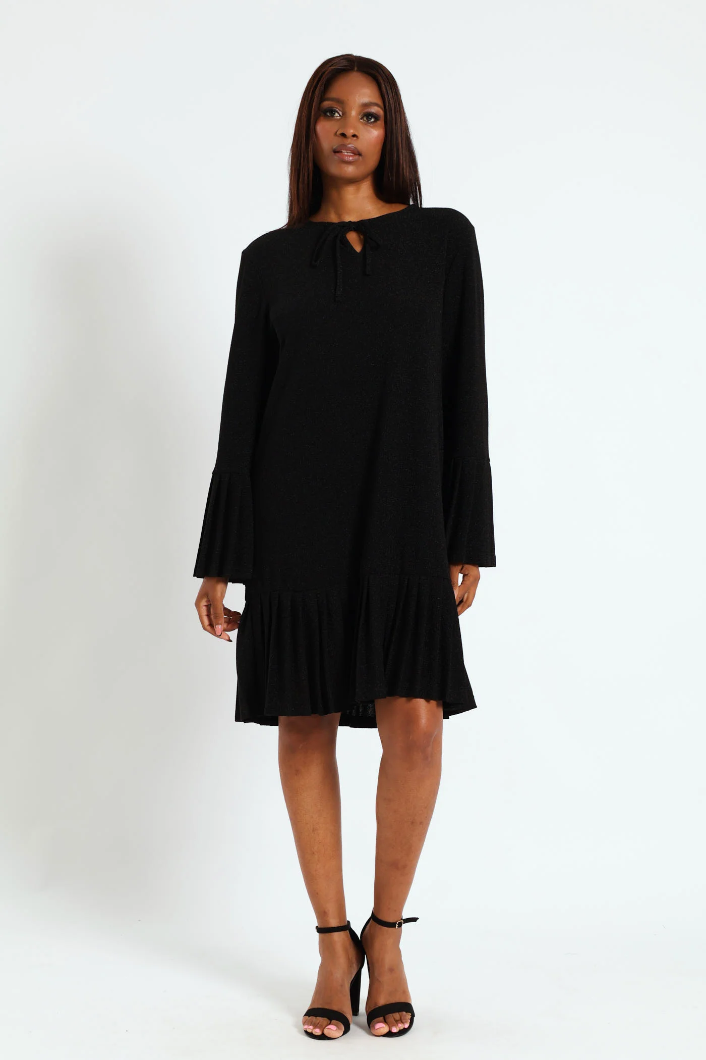 Tie Front Pleated Frill Hem Shimmer Dress - Black - Image 5