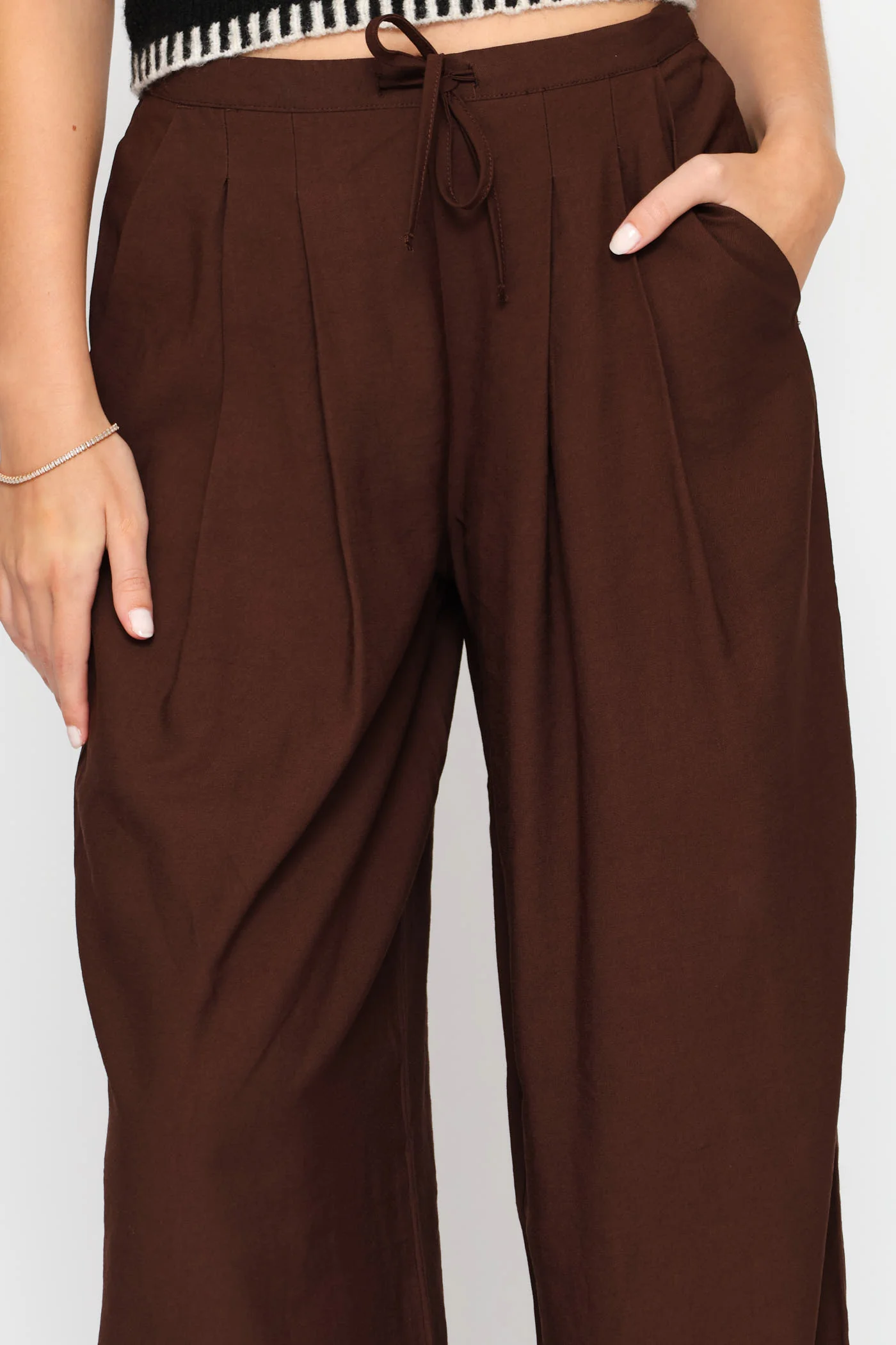 Tie Front Pleated Wide Leg Pants - Chocolate - Image 3