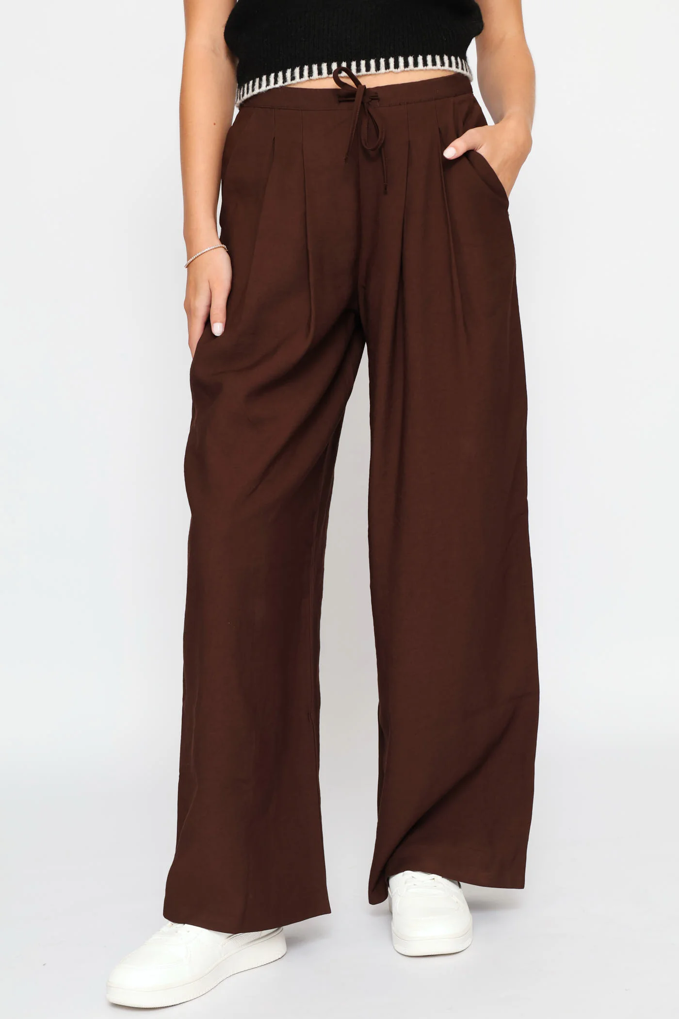 Tie Front Pleated Wide Leg Pants - Chocolate - Image 4