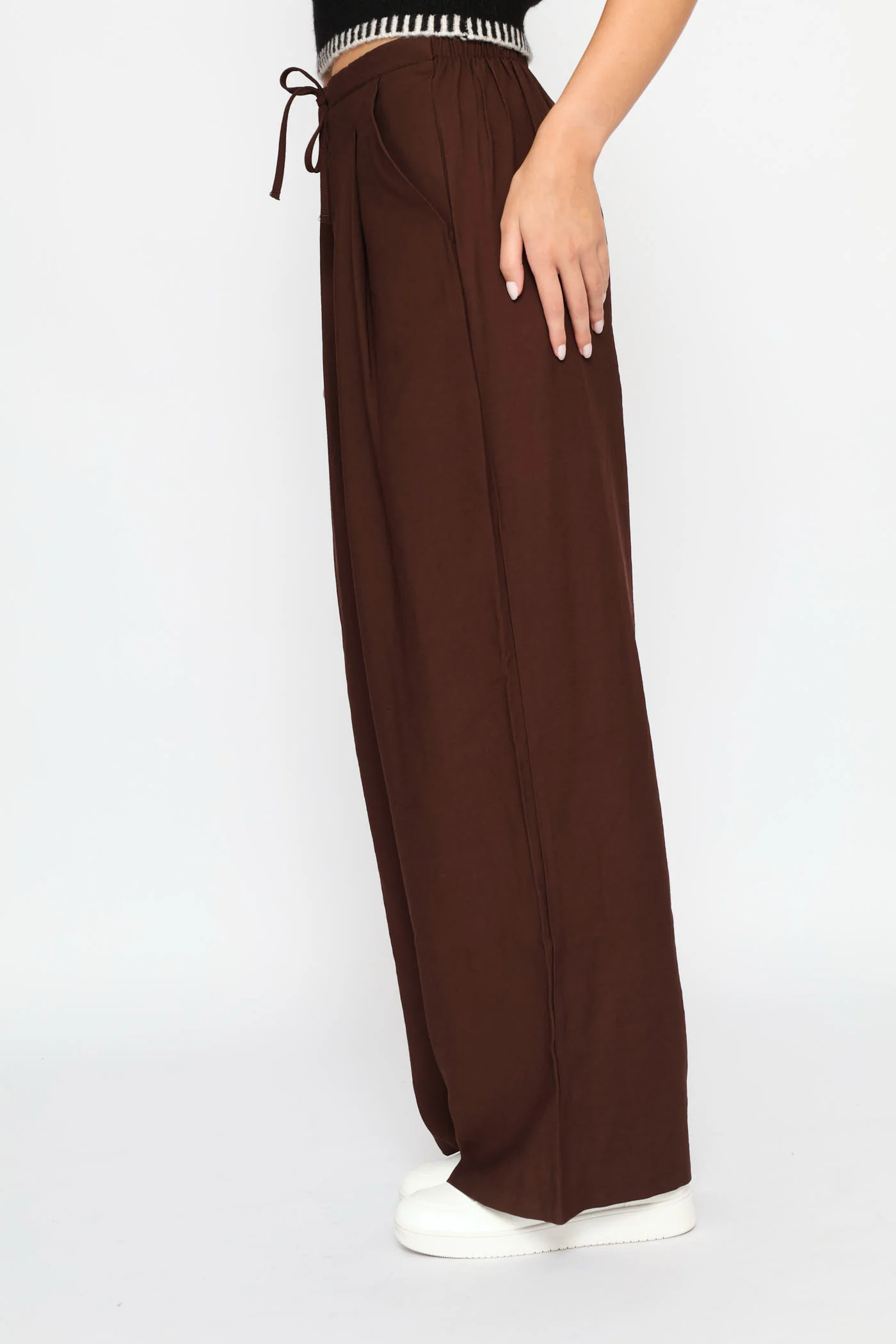 Tie Front Pleated Wide Leg Pants - Chocolate - Image 5