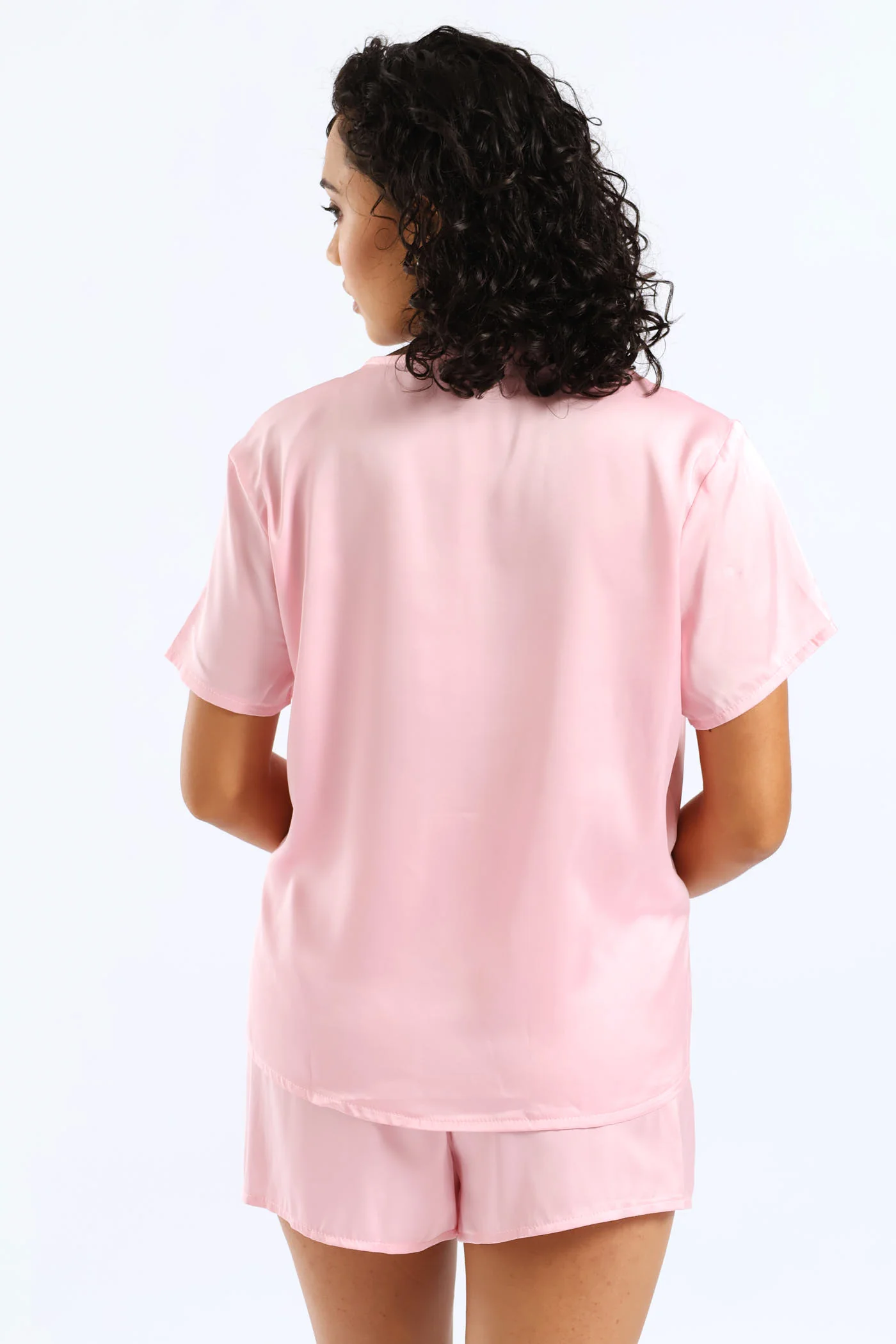 Tie Front Top & Satin Short Set With Scrunchie - Pink - Image 4