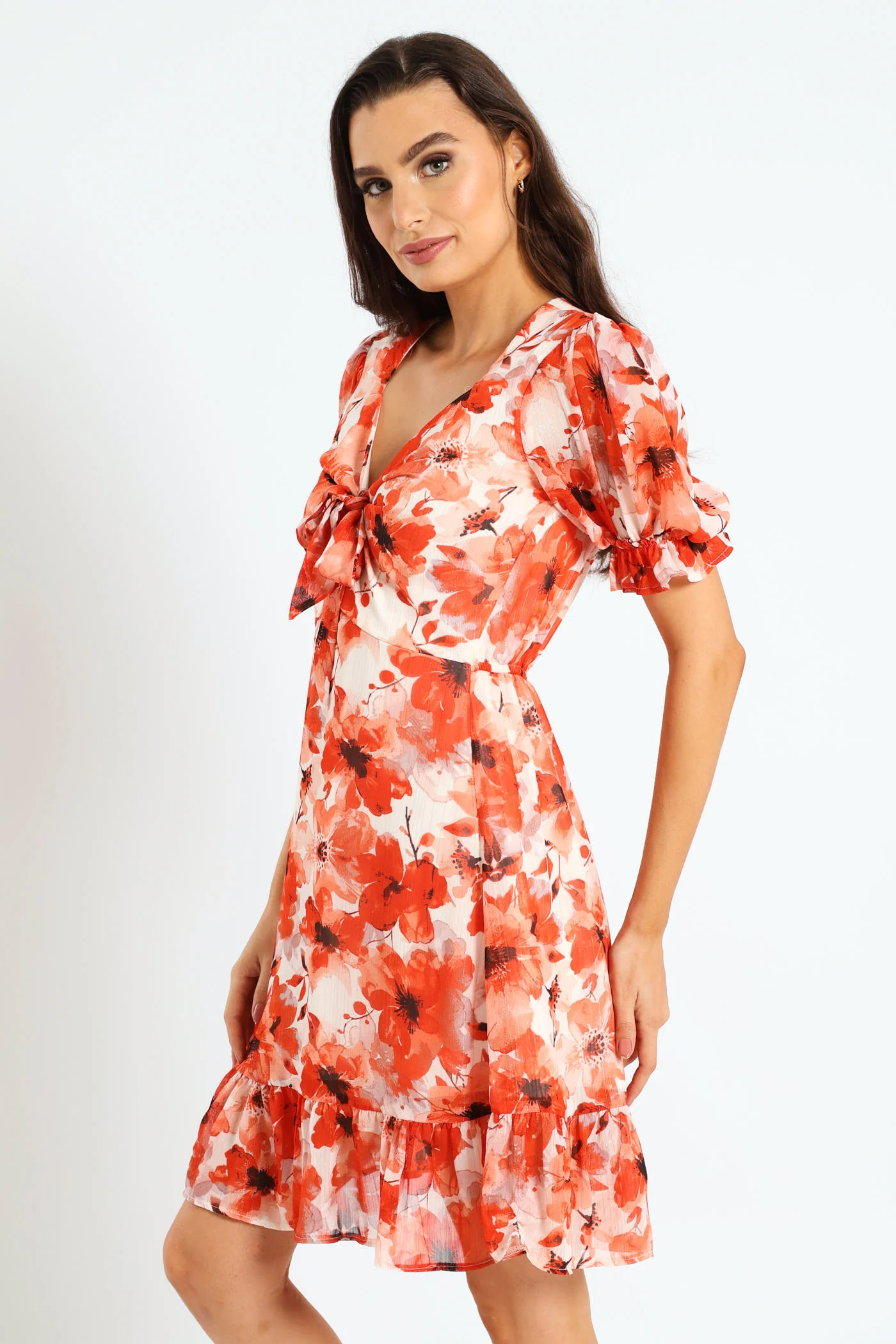 Tie Front Waisted Frill Hem Tea Dress - Orange - Image 3