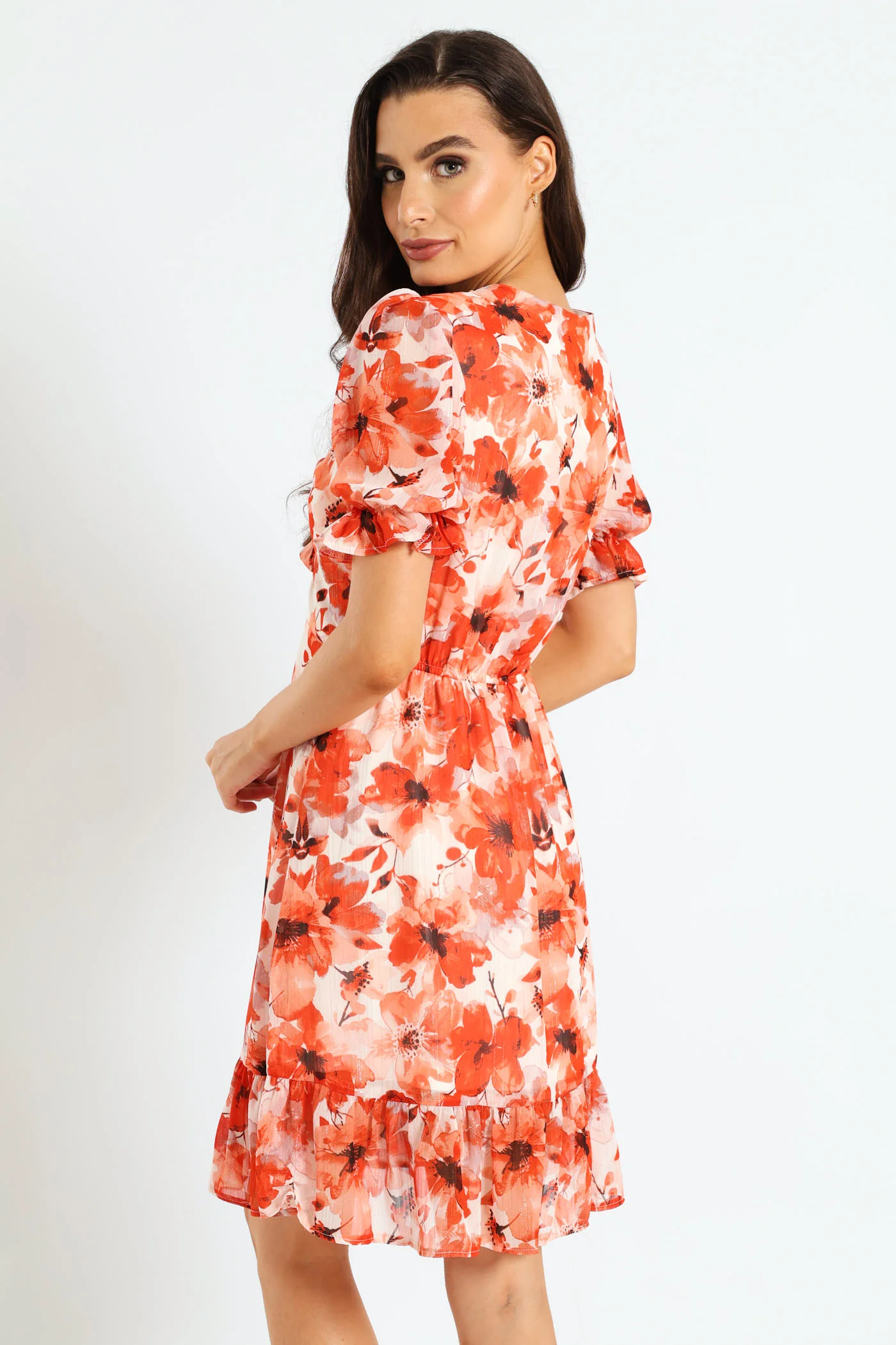 Tie Front Waisted Frill Hem Tea Dress - Orange - Image 4