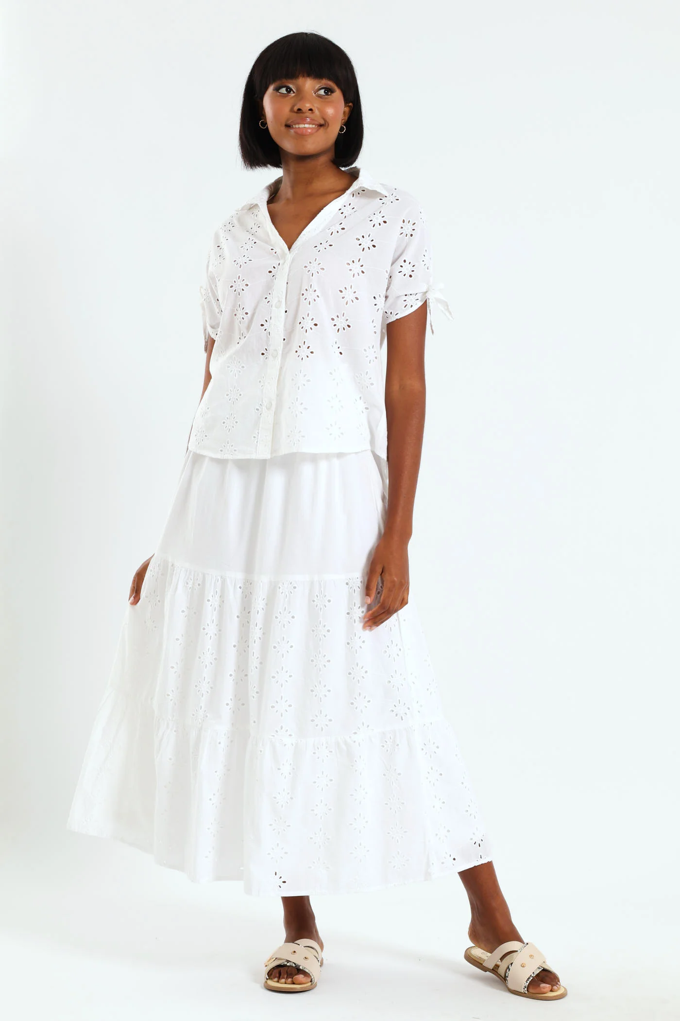 Tie-Sleeve Anglaise Relaxed Shirt - White - Image 2