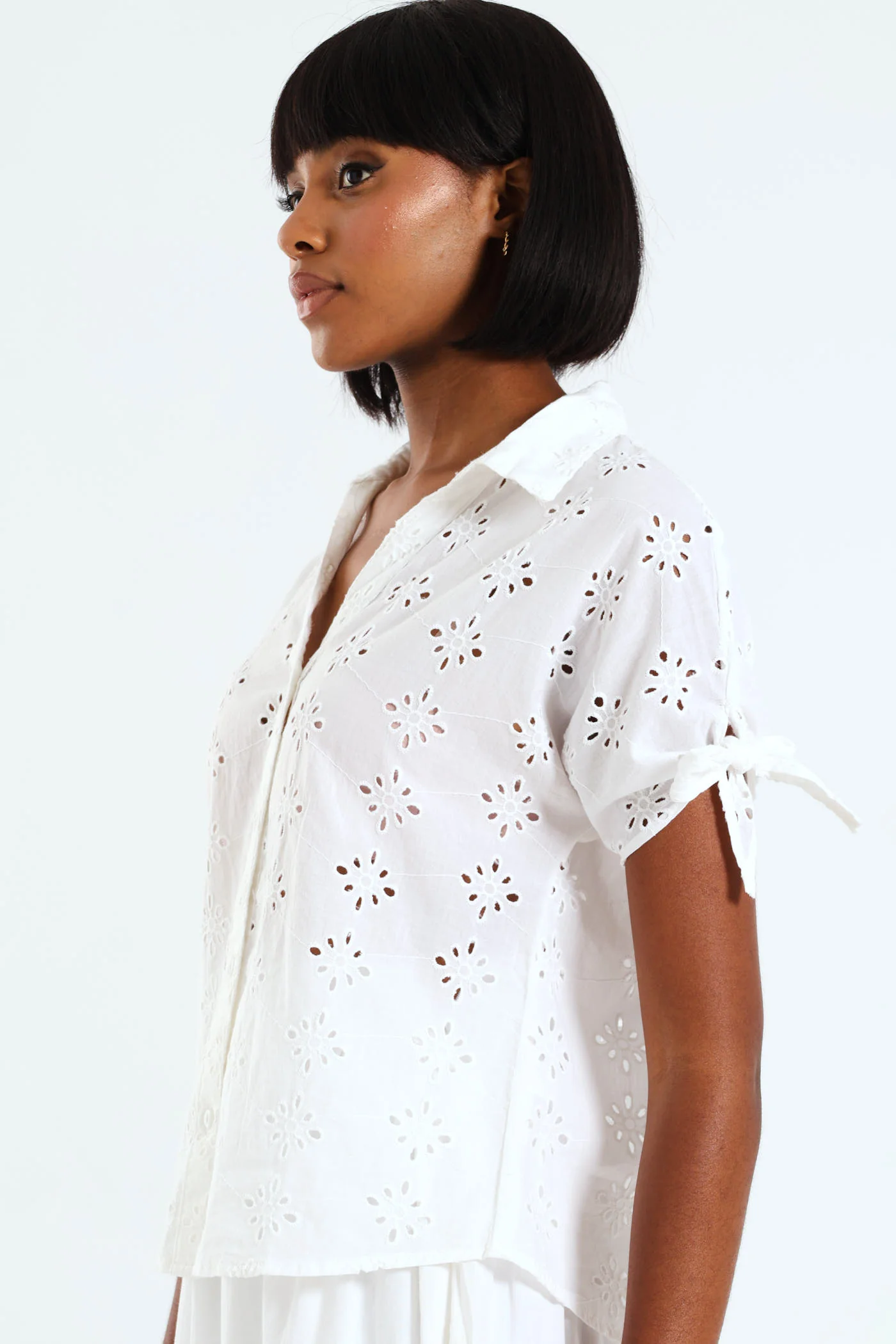Tie-Sleeve Anglaise Relaxed Shirt - White - Image 3