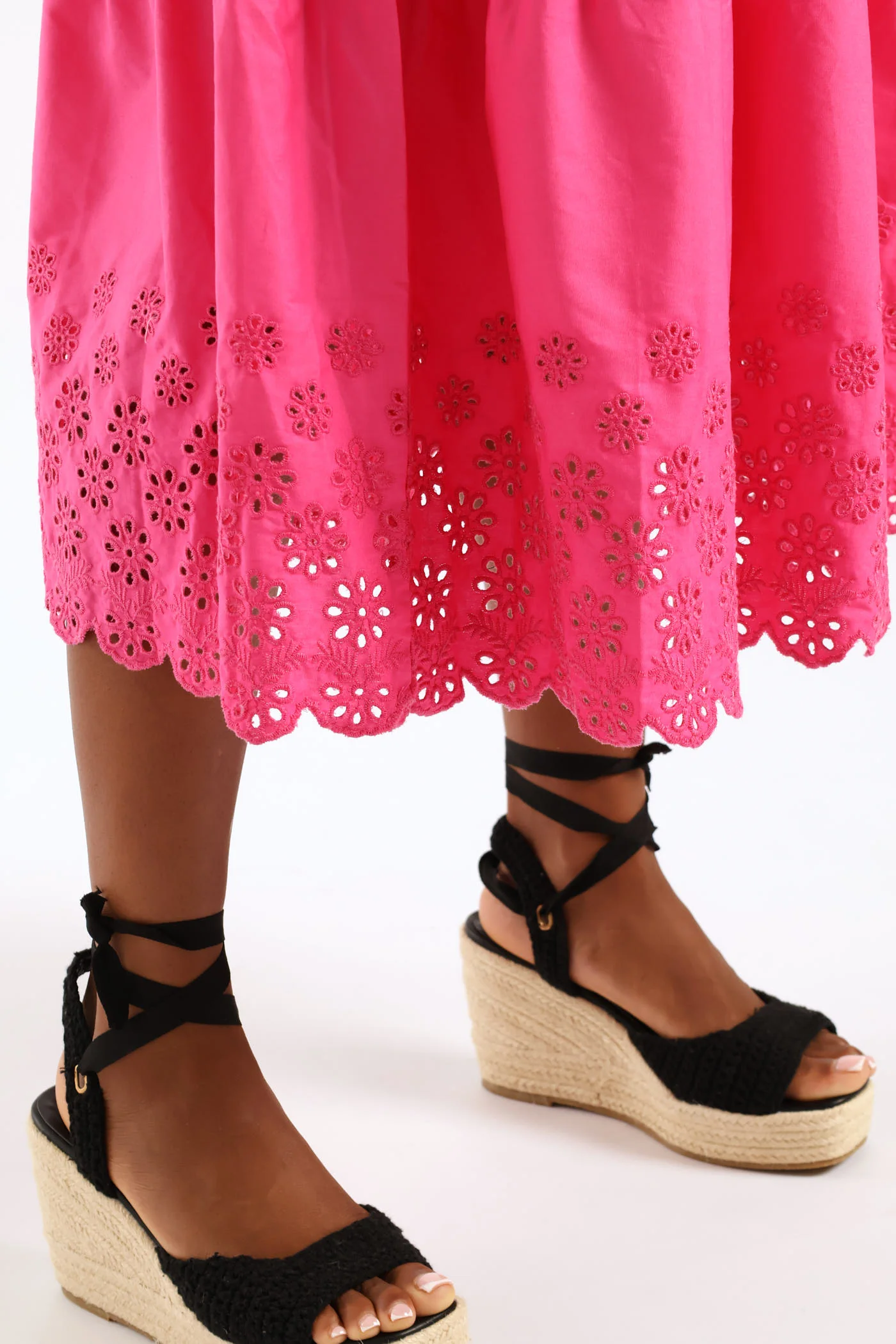 Tie-Strap Shirred Anglaise Tiered Midi Dress - Pink - Image 3