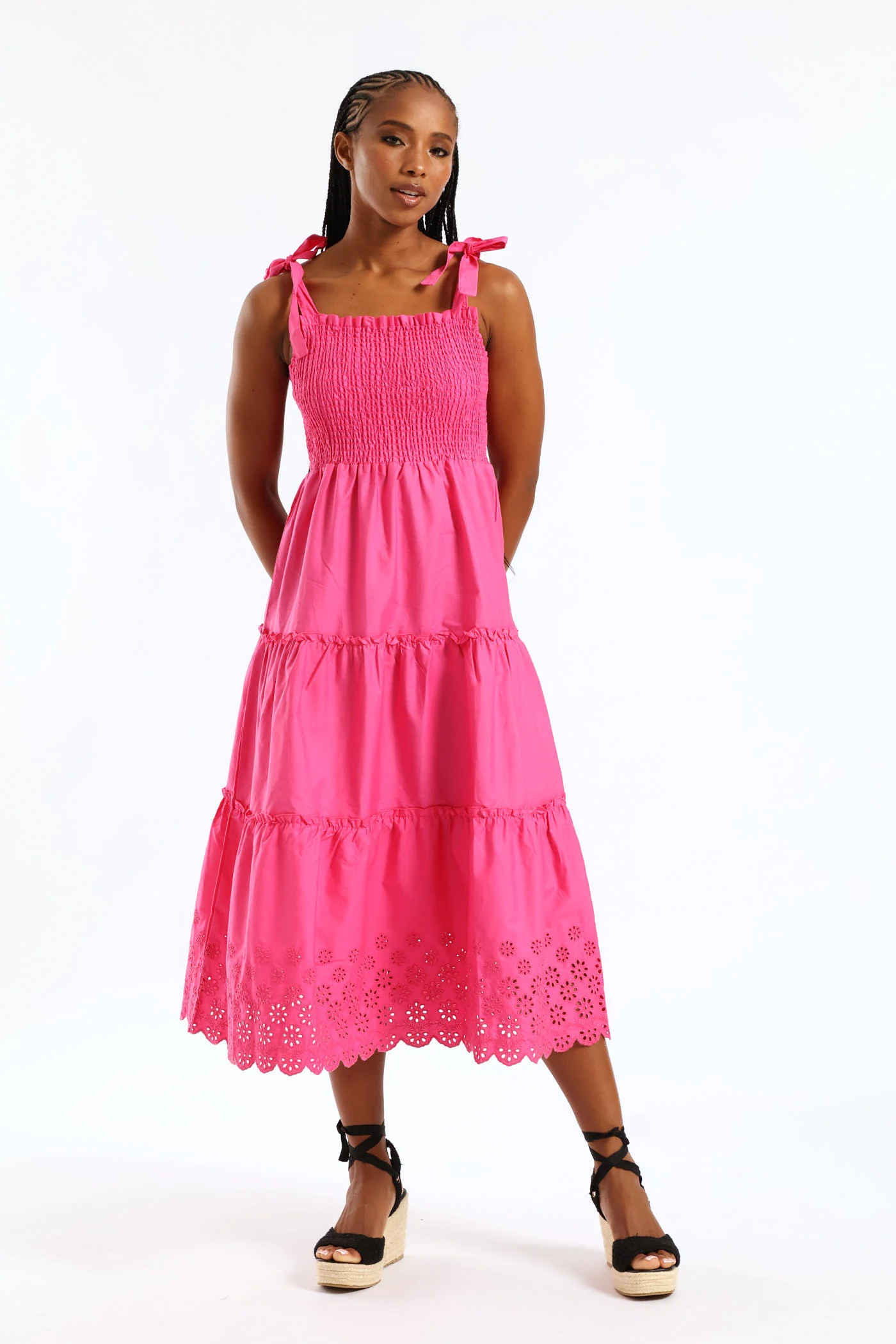 Tie-Strap Shirred Anglaise Tiered Midi Dress - Pink - Image 4