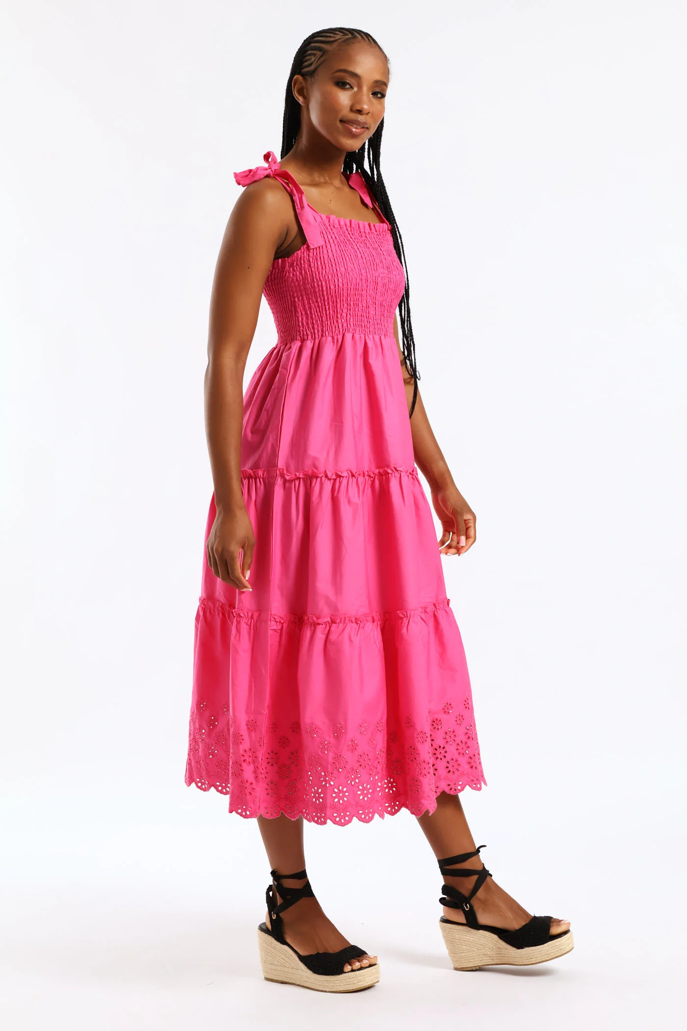Tie-Strap Shirred Anglaise Tiered Midi Dress - Pink - Image 5