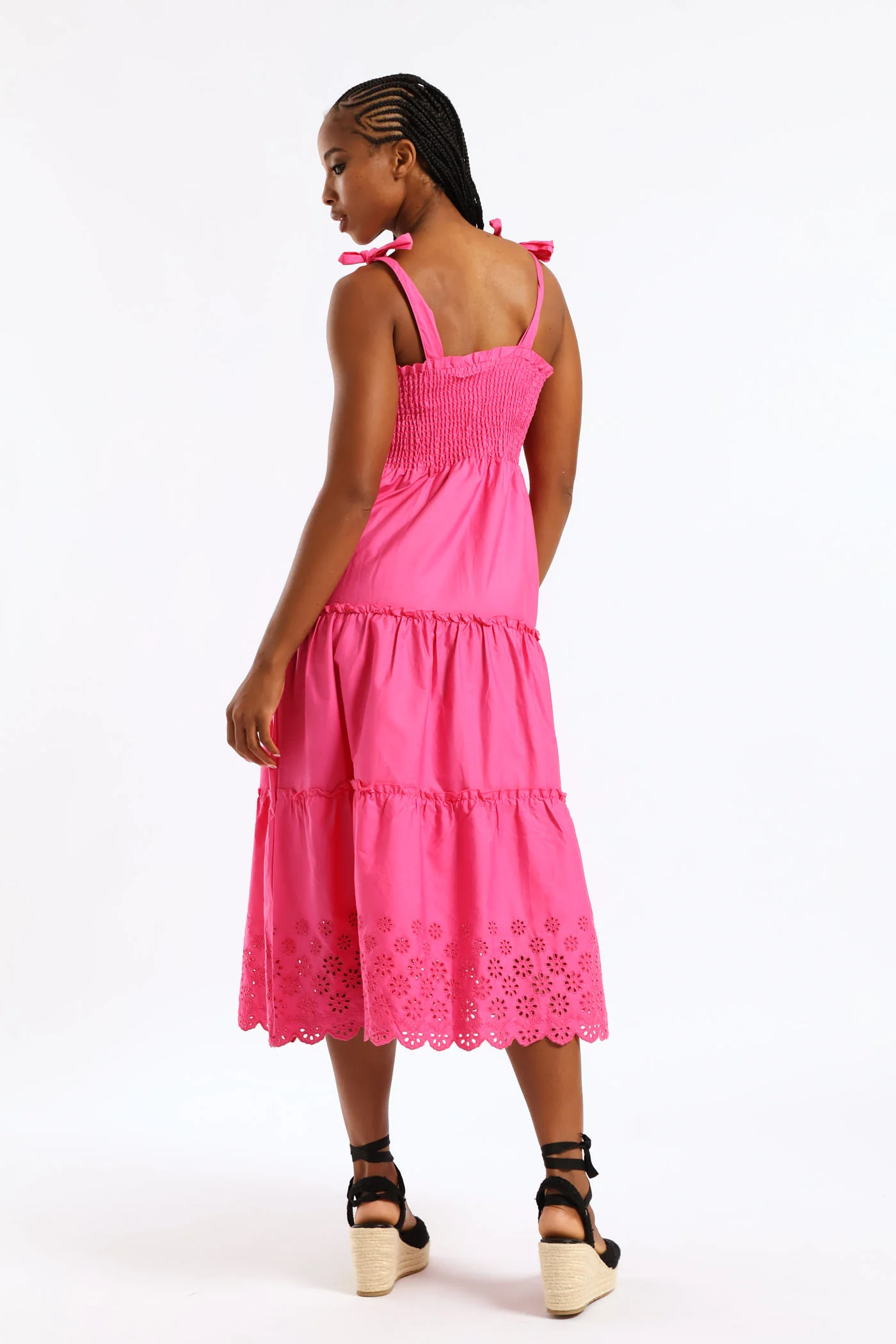 Tie-Strap Shirred Anglaise Tiered Midi Dress - Pink - Image 6