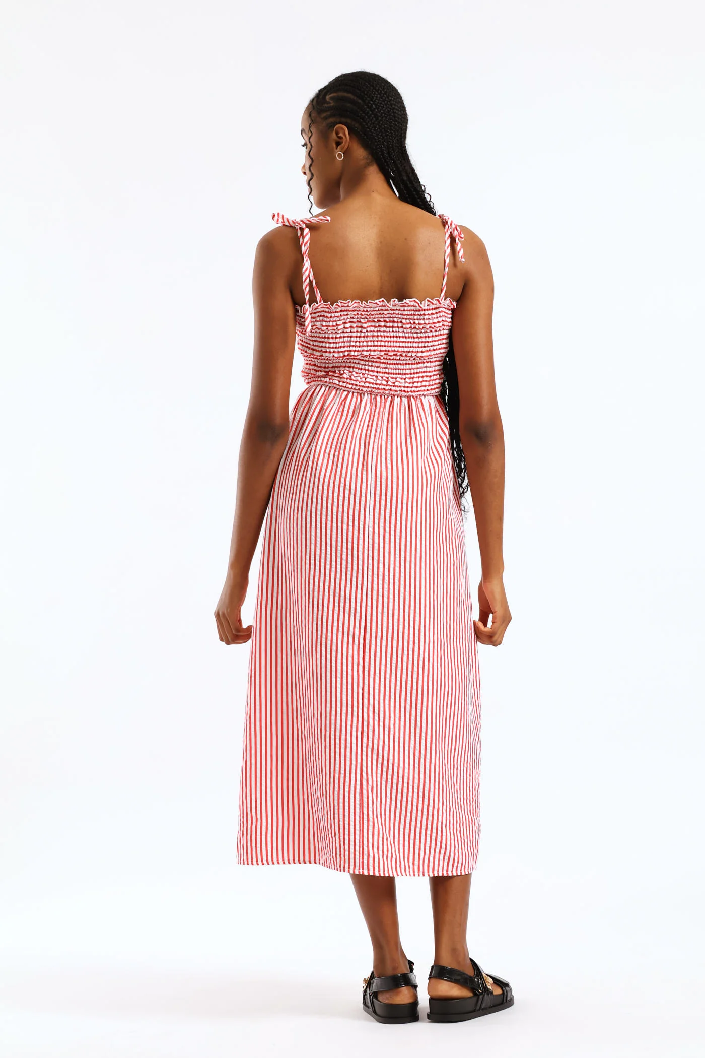 Tie Strap Shirred Bodice Seesucker Stripe Fit & Flare Midi Dress - White/Red - Image 3