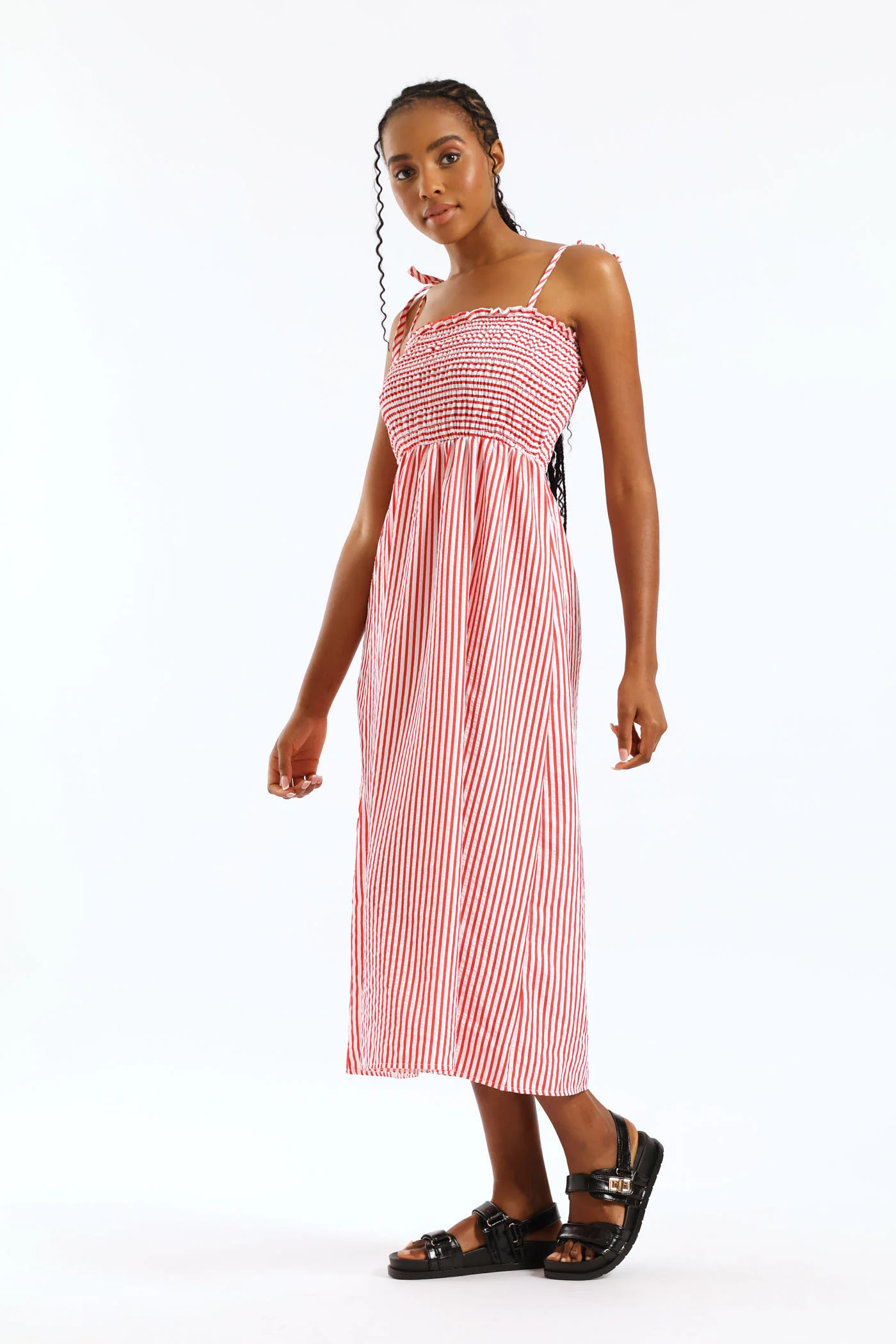 Tie Strap Shirred Bodice Seesucker Stripe Fit & Flare Midi Dress - White/Red - Image 4