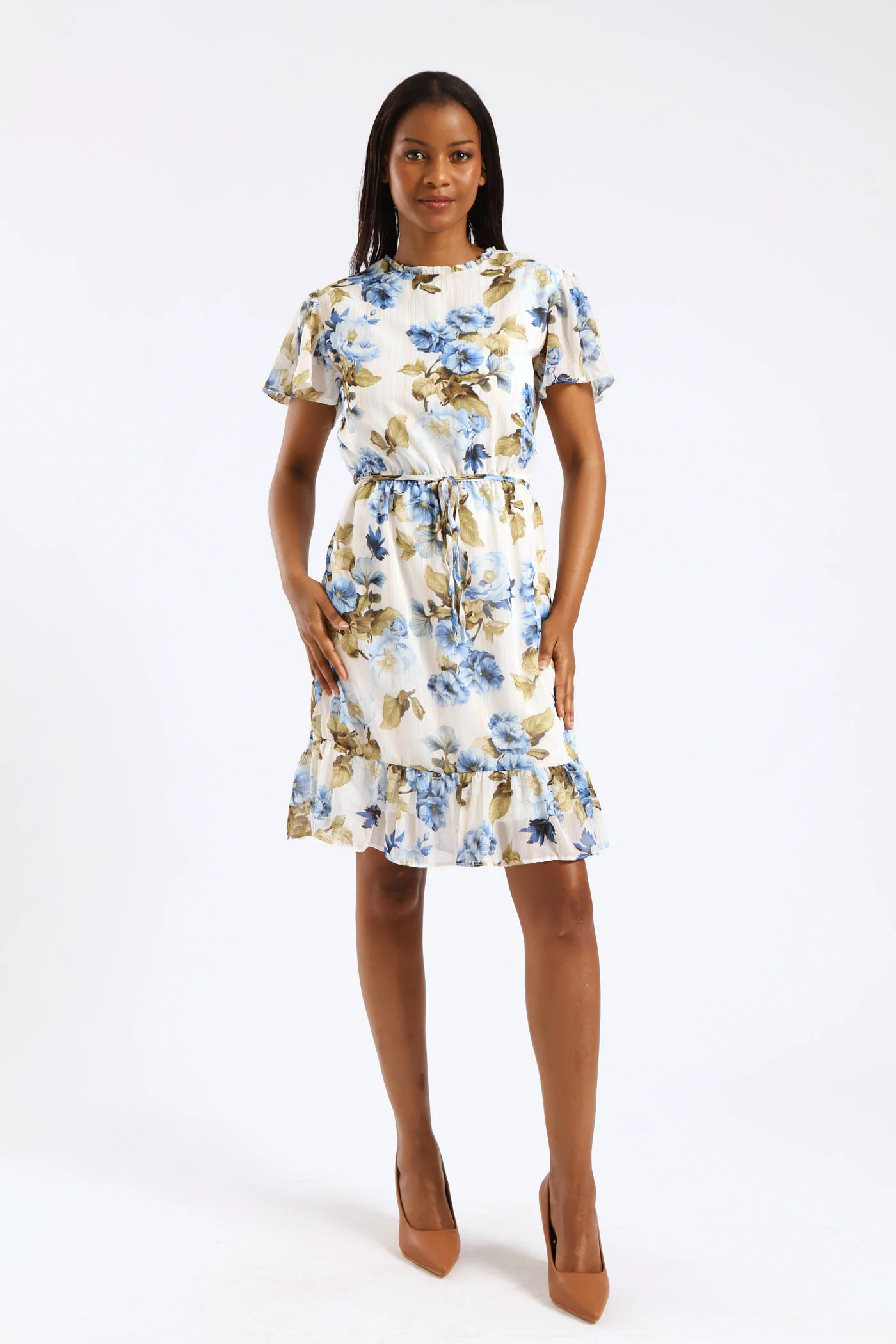 Tie Up Flutter Sleeve Tea Dress - Cream/Blue - Image 2