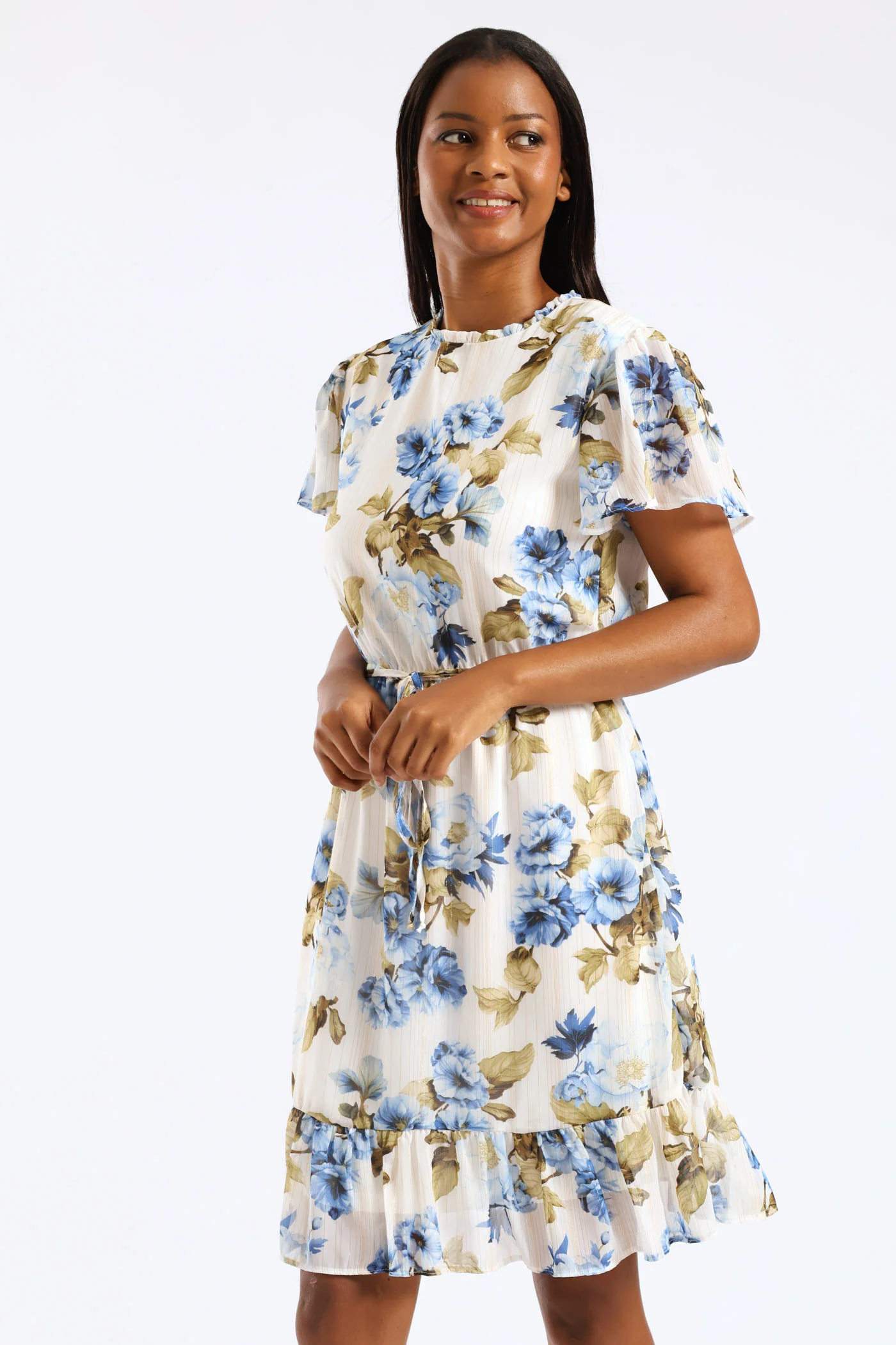 Tie Up Flutter Sleeve Tea Dress - Cream/Blue - Image 3