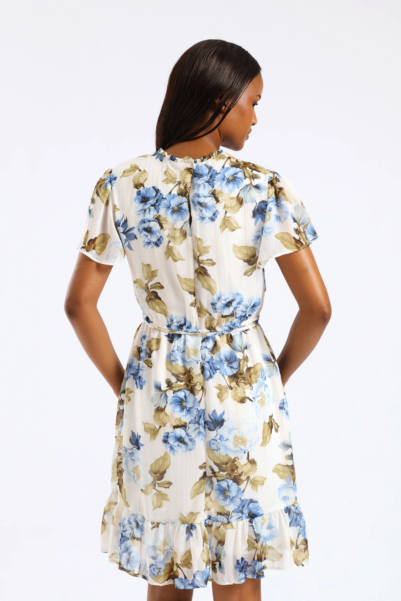 Tie Up Flutter Sleeve Tea Dress - Cream/Blue - Image 4