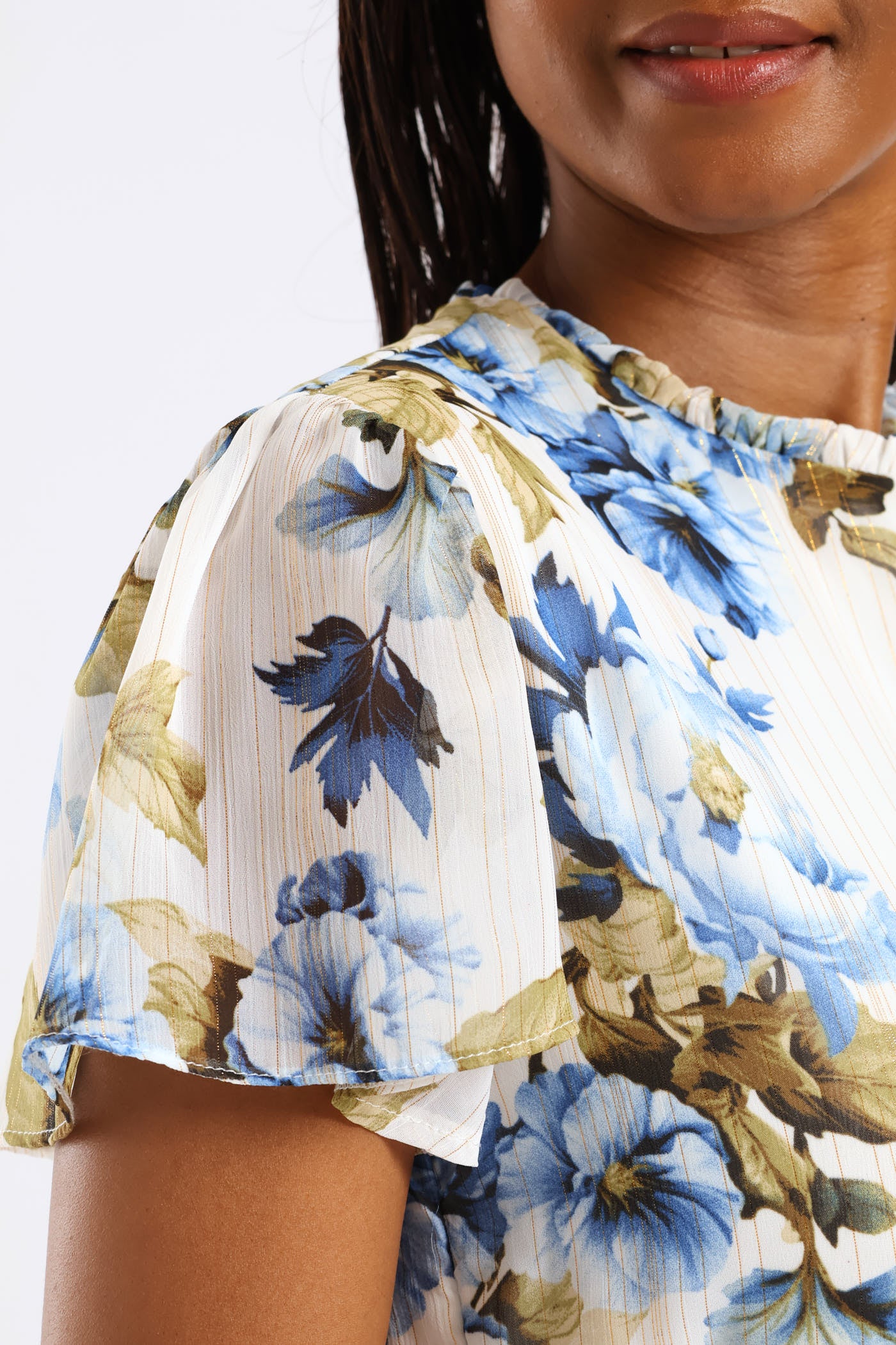 Tie Up Flutter Sleeve Tea Dress - Cream/Blue - Image 5