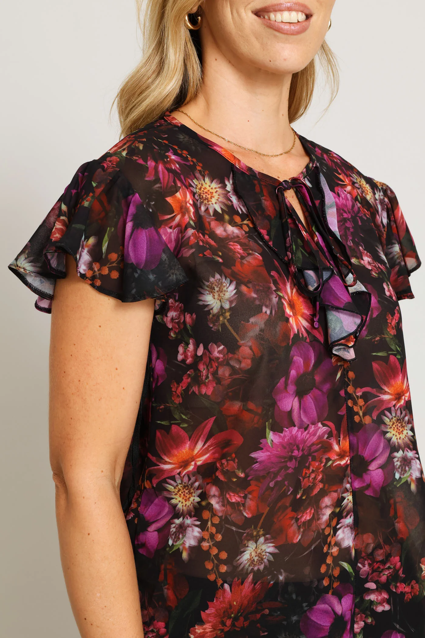 Tie Up Frill Flutter Sleeve Blouse - Black - Image 2