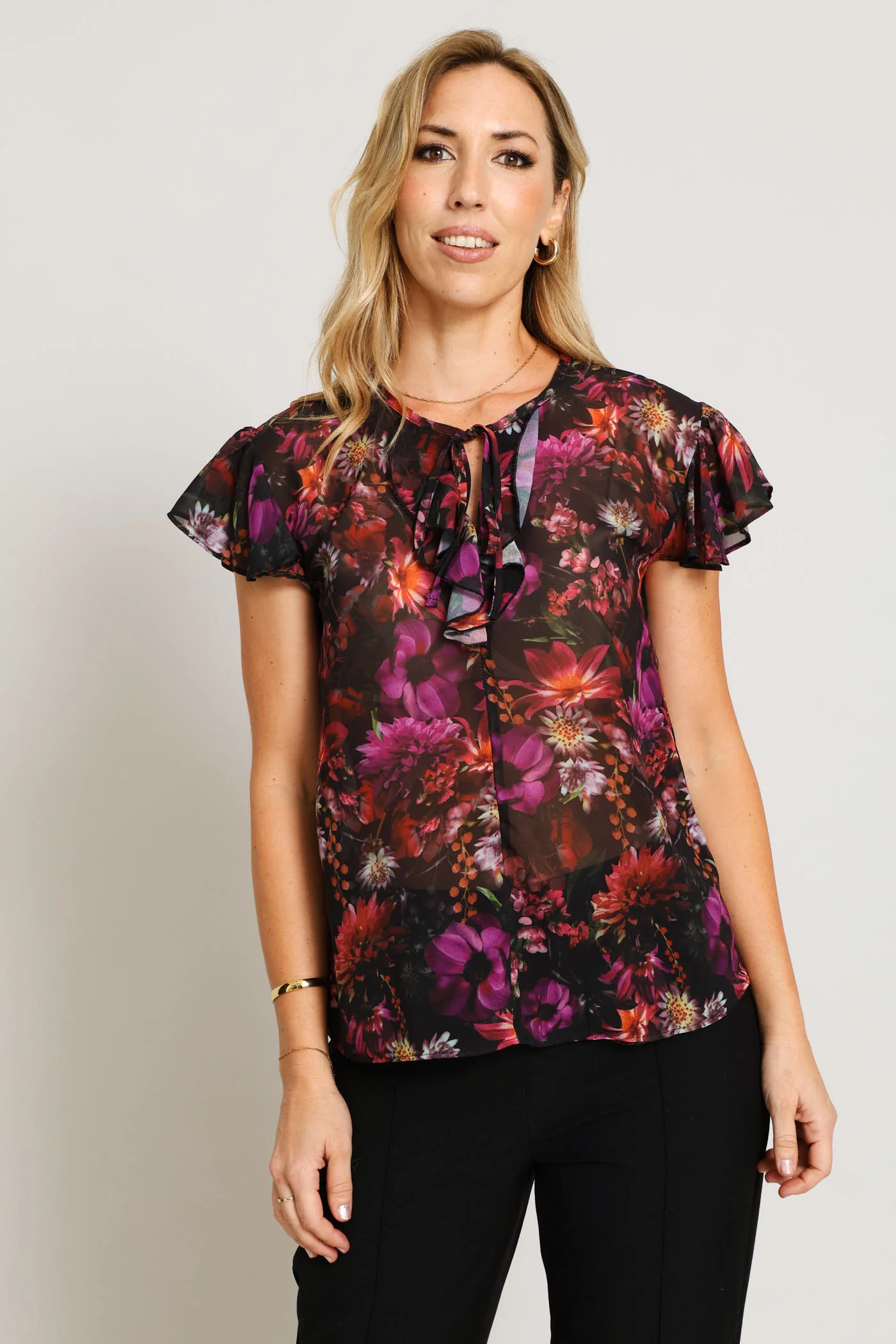 Tie Up Frill Flutter Sleeve Blouse - Black - Image 3