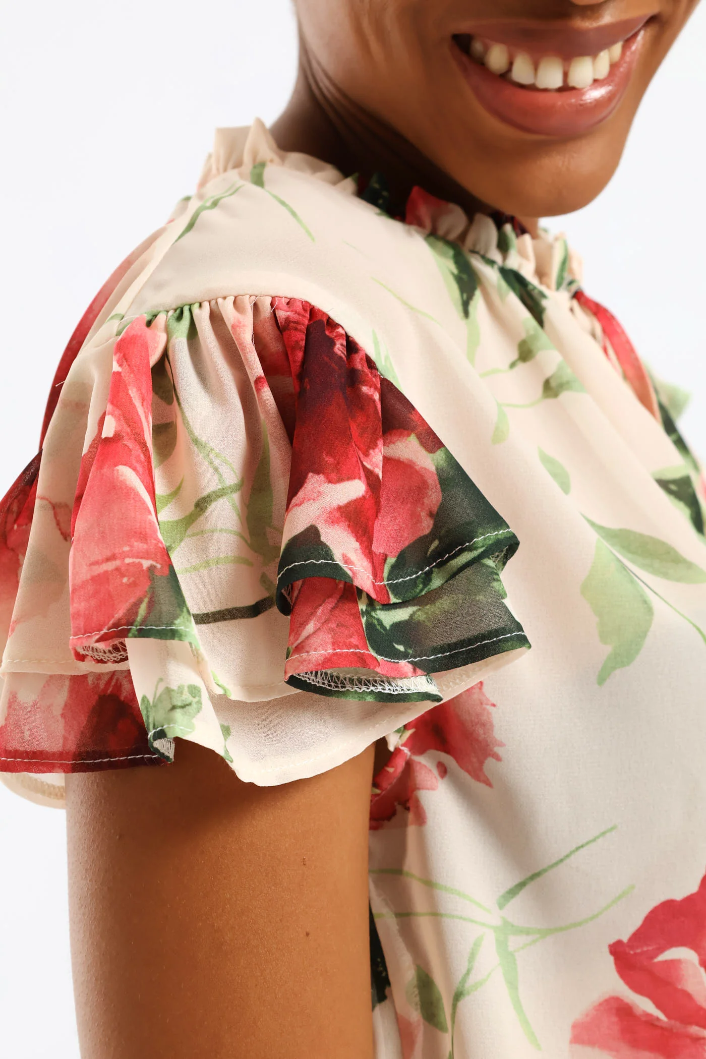 Tie Up Frill Neck Blouse - Cream - Image 2