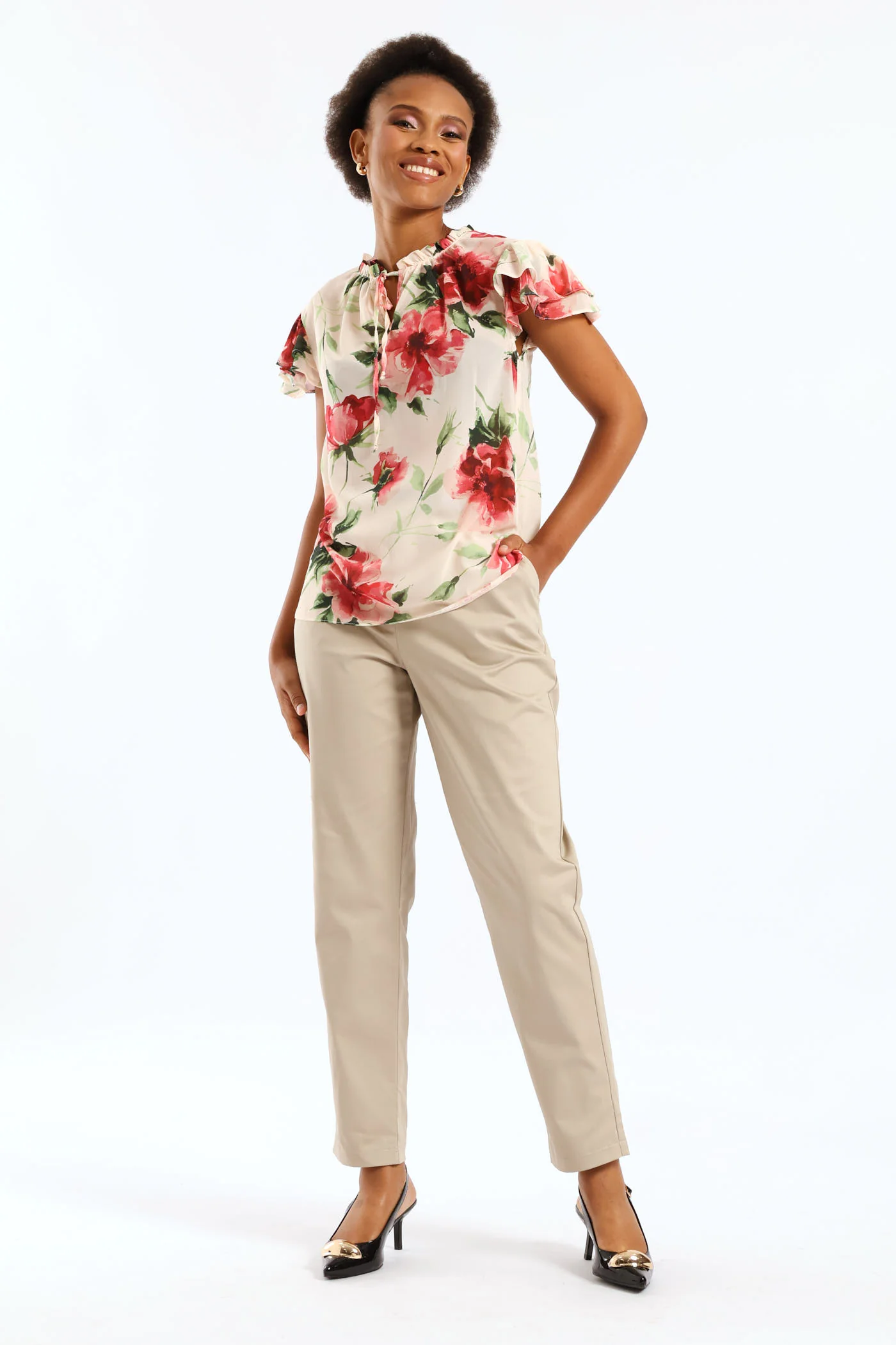 Tie Up Frill Neck Blouse - Cream - Image 3