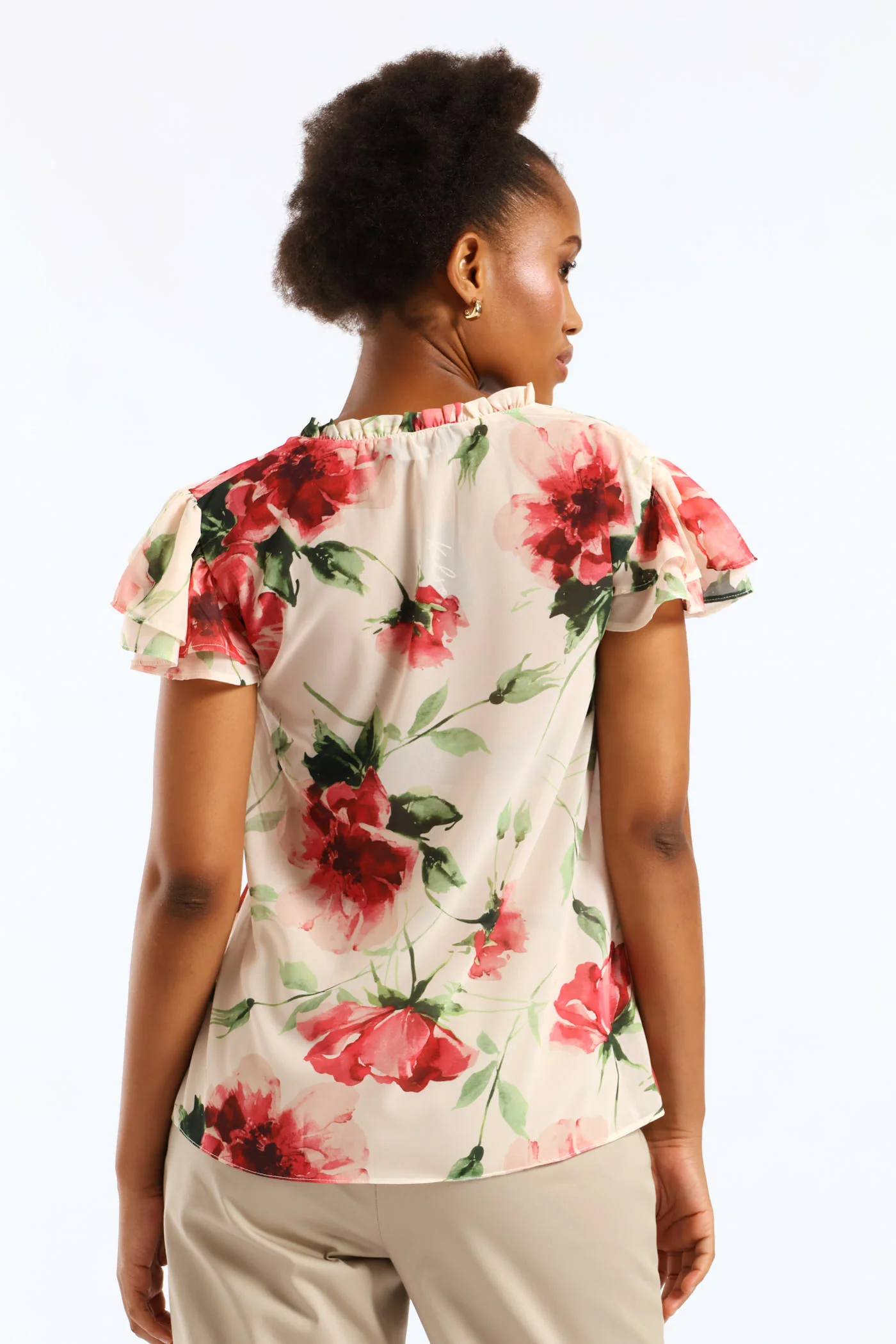 Tie Up Frill Neck Blouse - Cream - Image 5