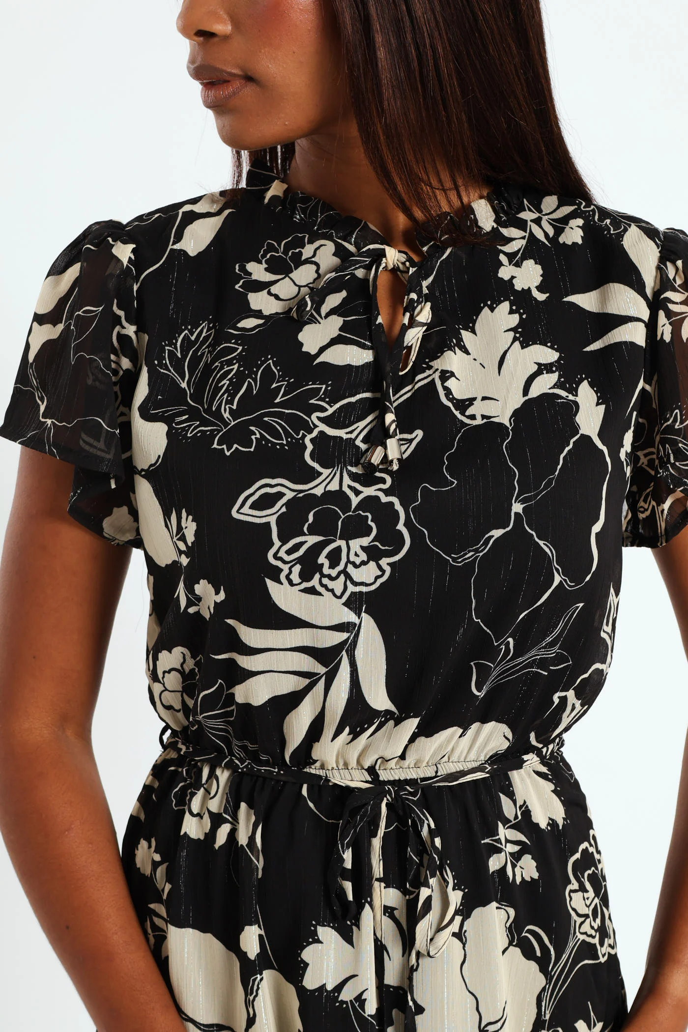 Tie Up Frill Neck Tea Dress - Black/Cream - Image 3