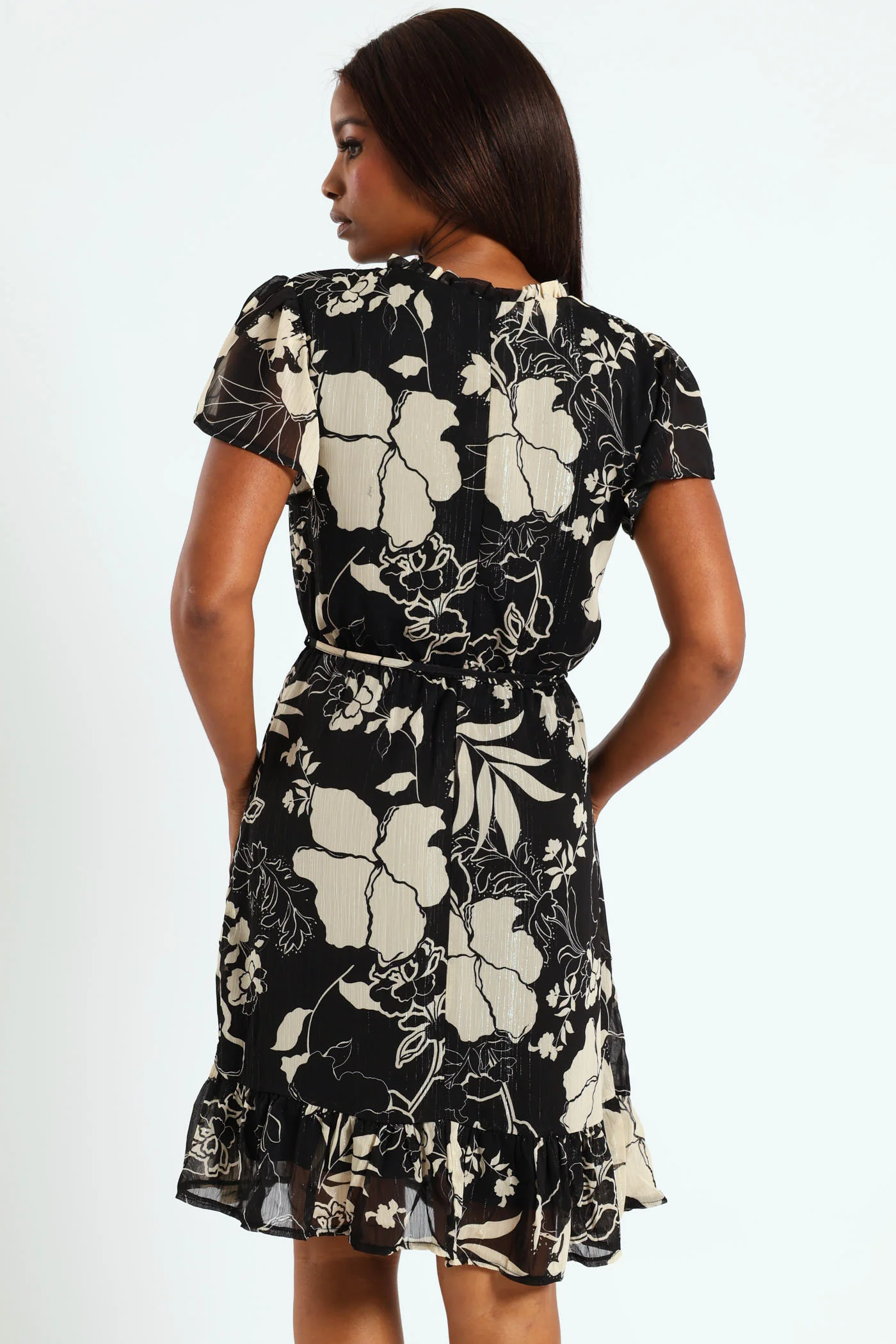 Tie Up Frill Neck Tea Dress - Black/Cream - Image 6