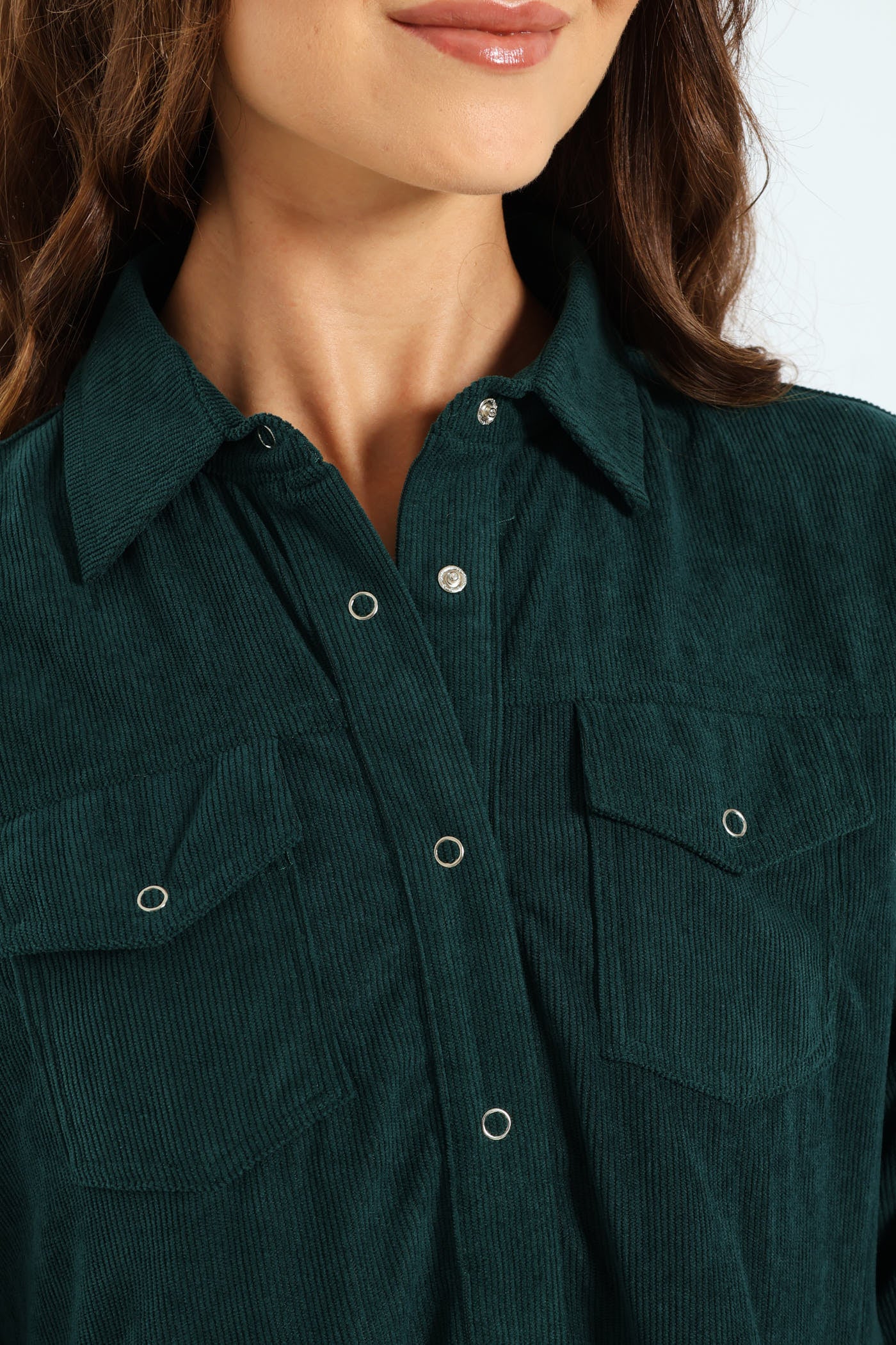 Tiered Corduroy Mini Shirt Dress - Forest Green - Image 2