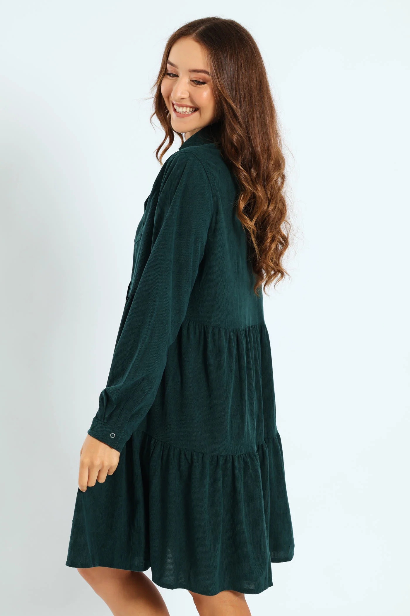 Tiered Corduroy Mini Shirt Dress - Forest Green - Image 3