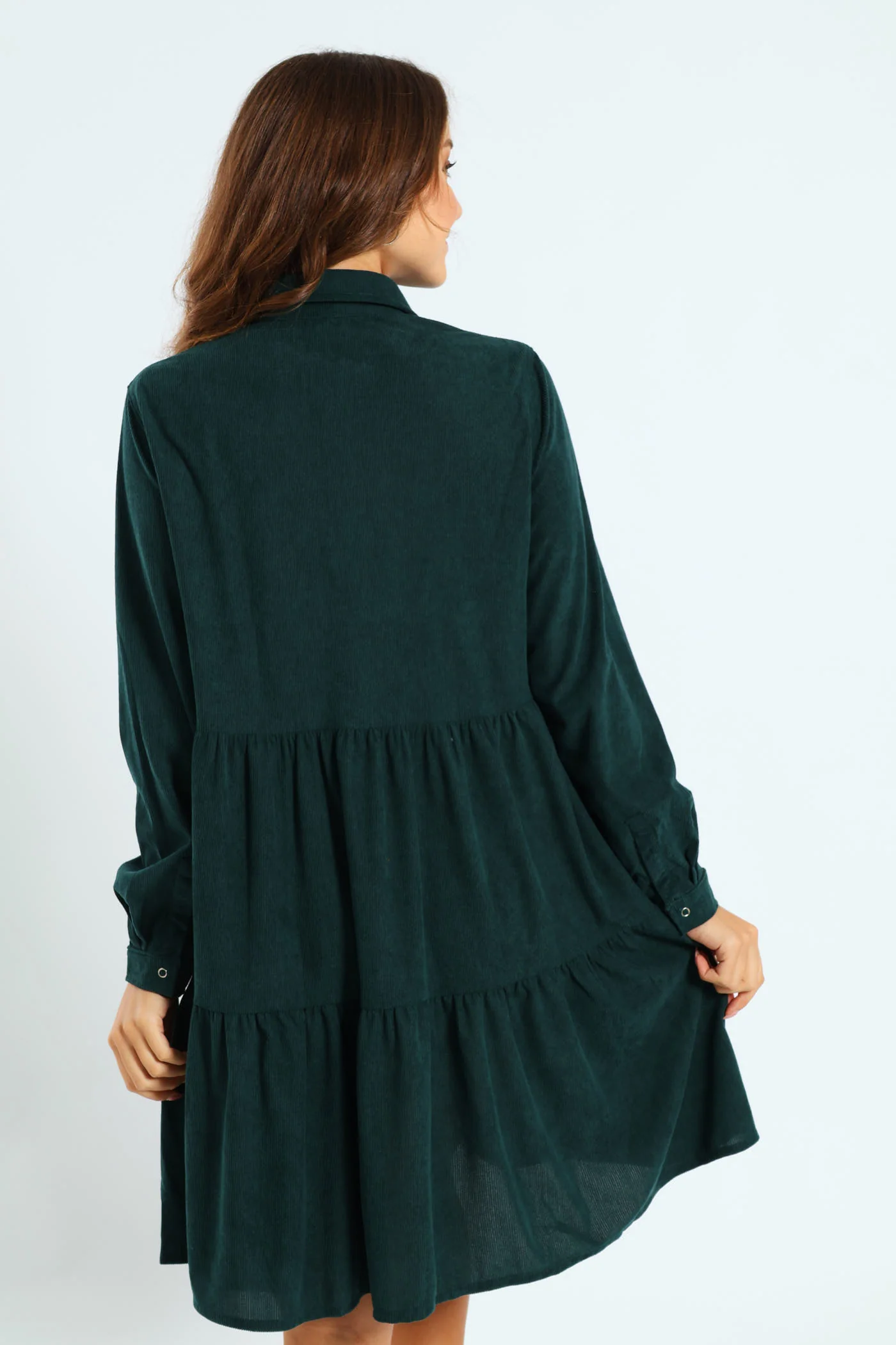Tiered Corduroy Mini Shirt Dress - Forest Green - Image 4