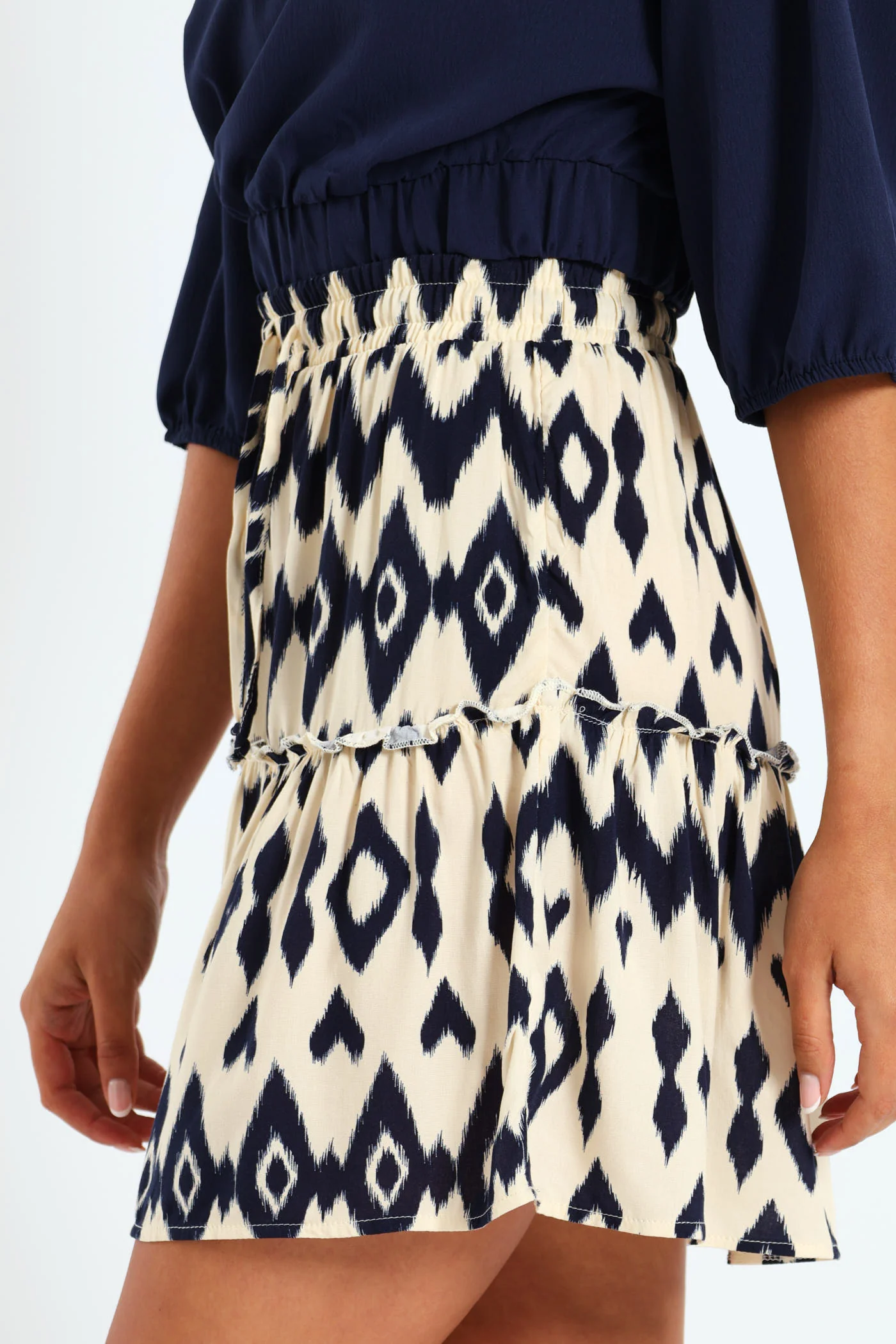 Tiered Midi Aztec Mini Skirt With Drawstring - Navy/White - Image 2