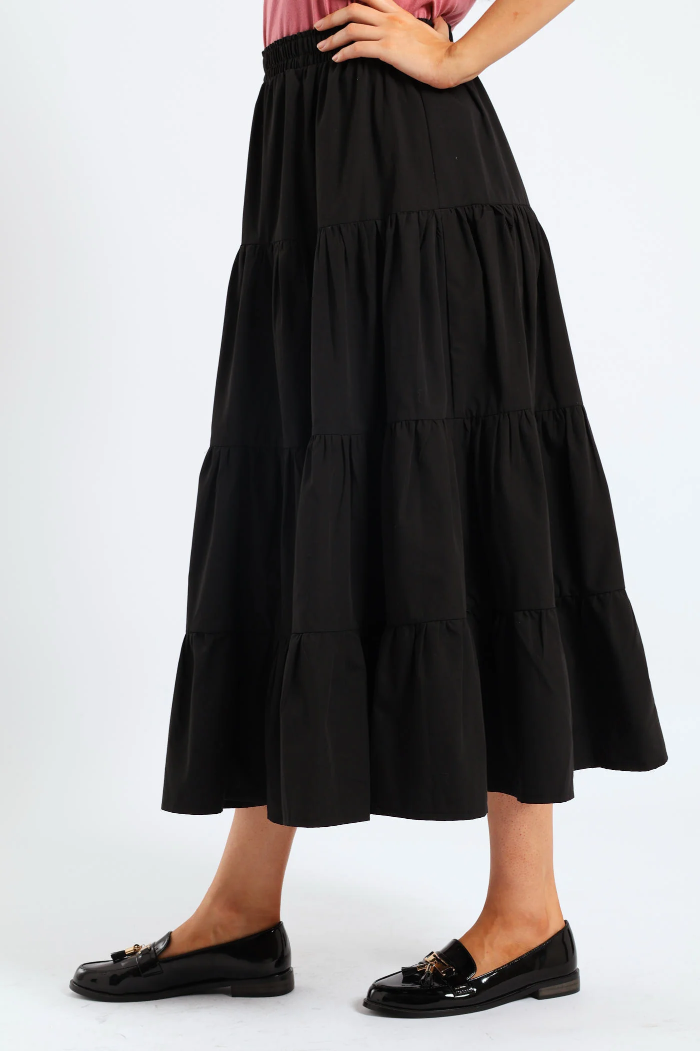 Tiered Poplin Flare Midaxi Skirt - Black - Image 2