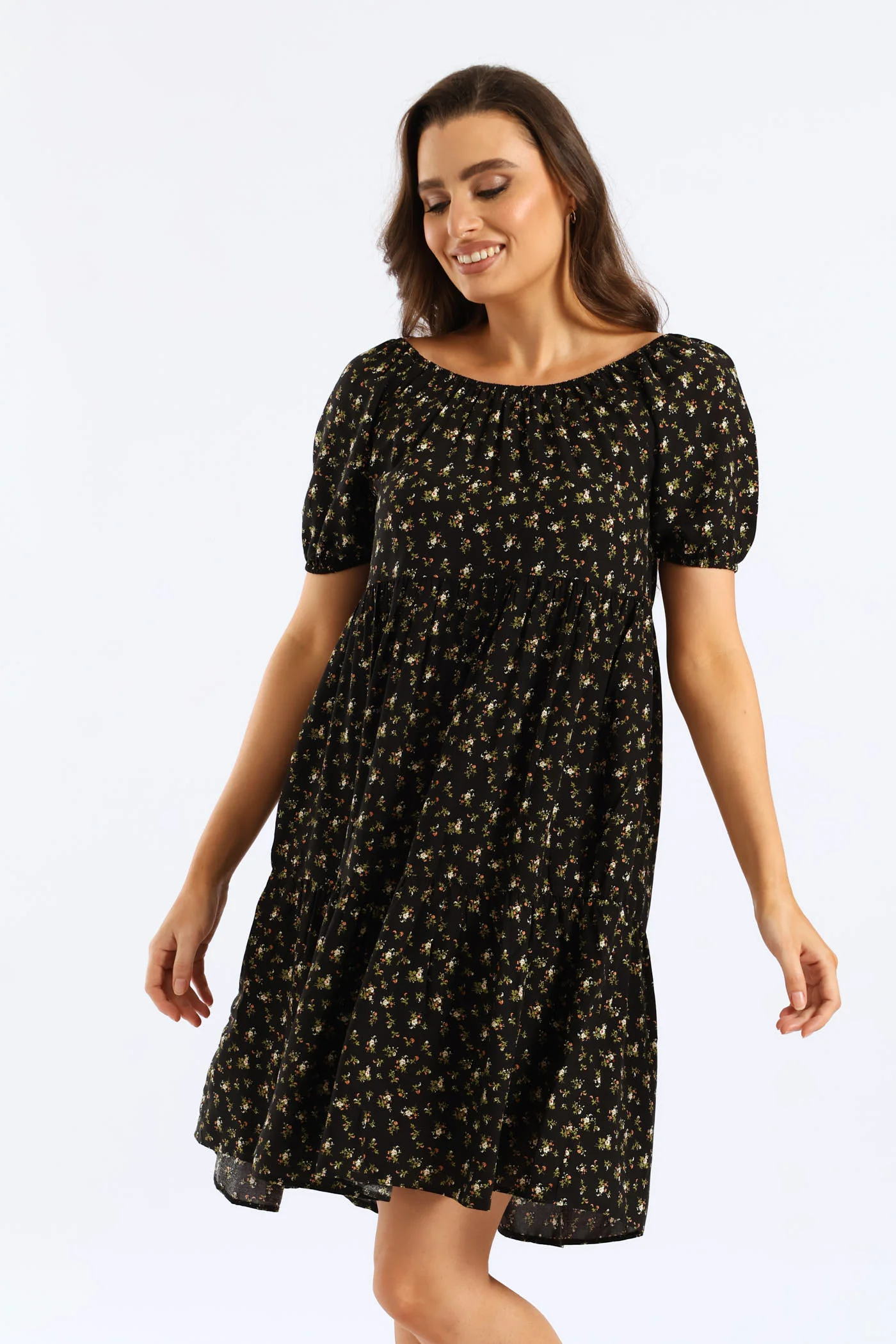 Tiered Print Gypsy Mini Dress - Black - Image 4