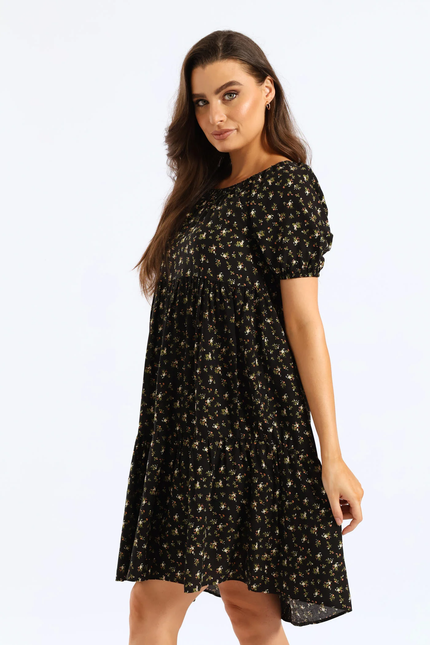 Tiered Print Gypsy Mini Dress - Black - Image 5
