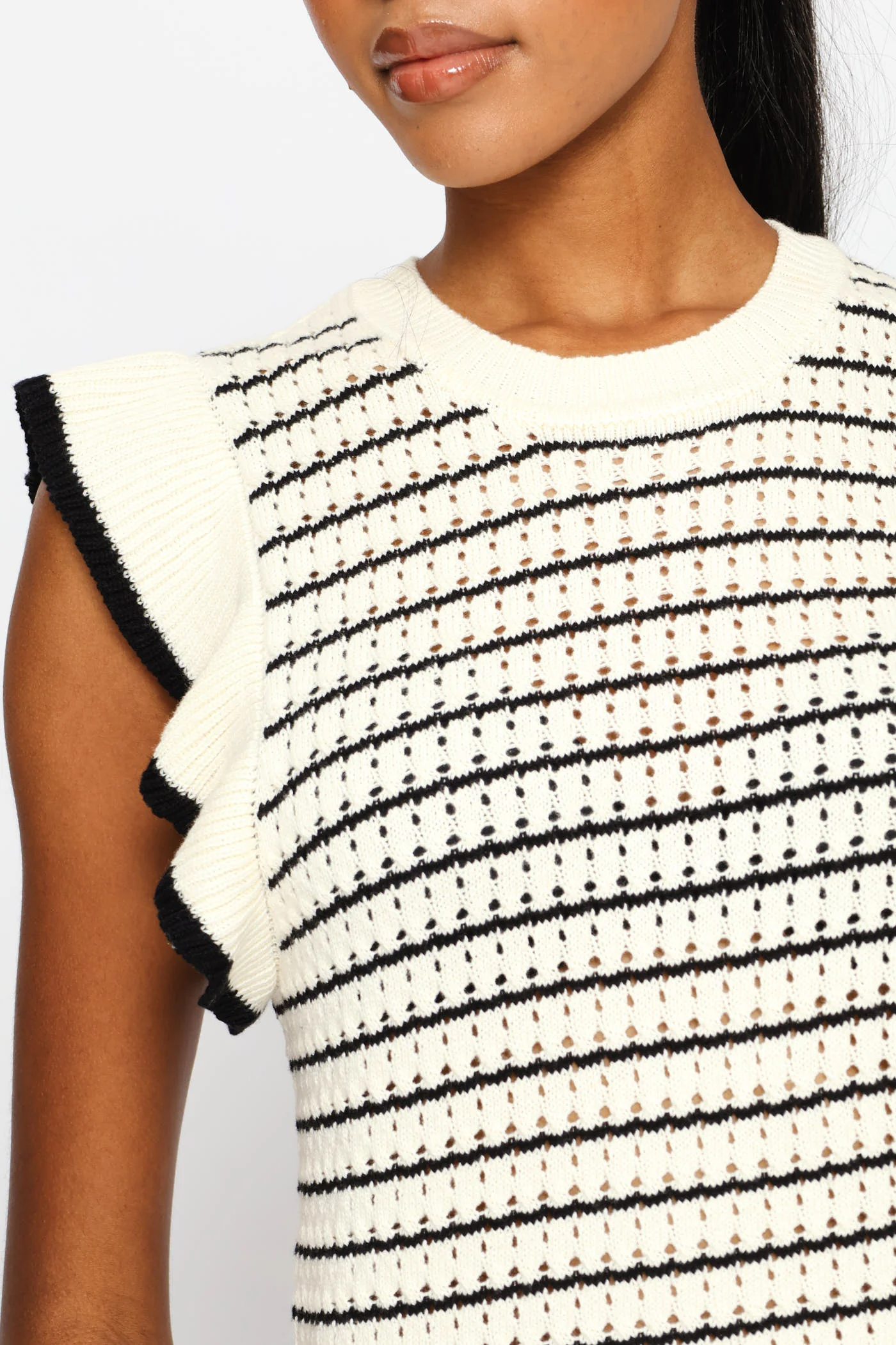 Tipped Frill Sleeve Stripe Knitwear Top - Cream/Black - Image 2