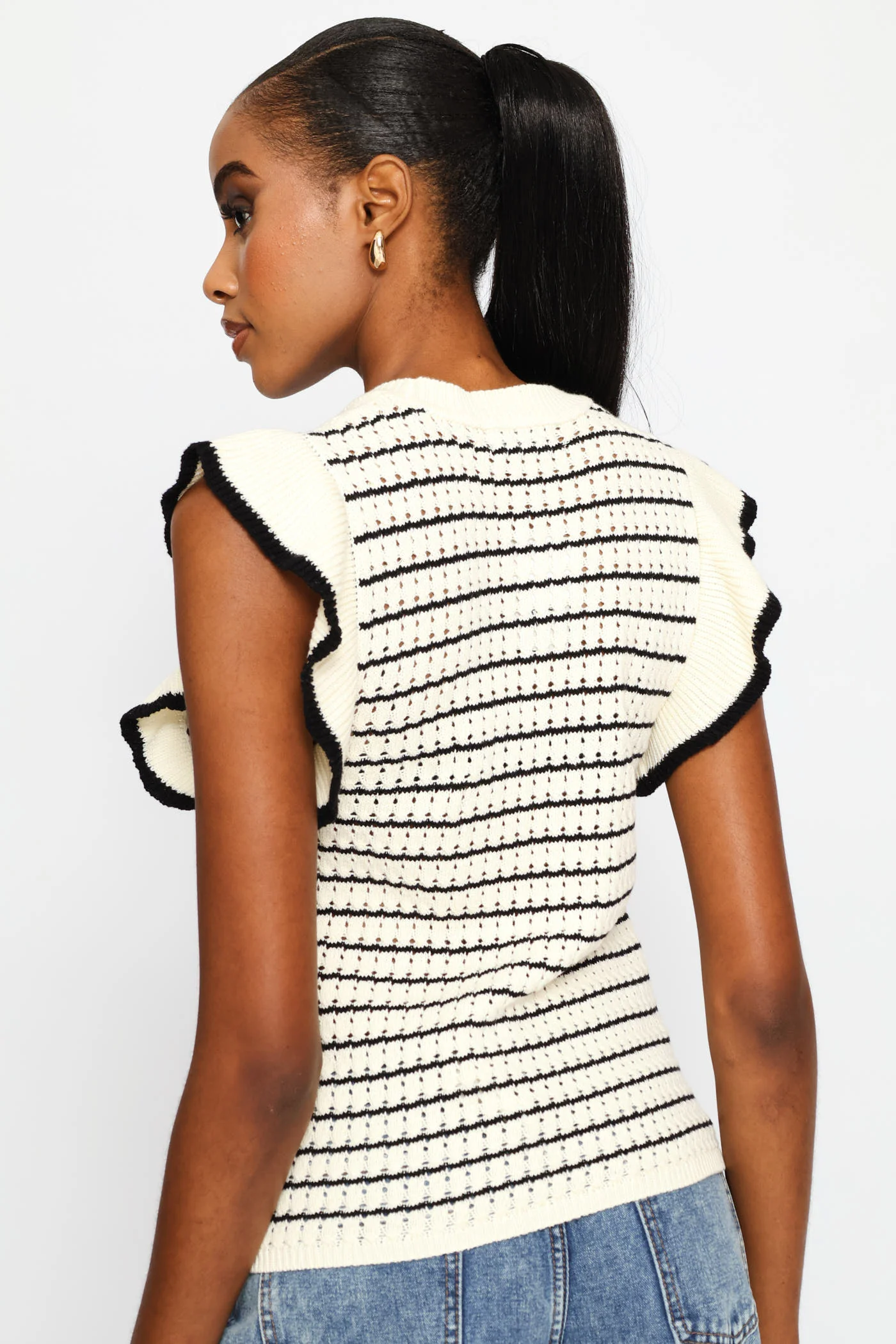 Tipped Frill Sleeve Stripe Knitwear Top - Cream/Black - Image 3