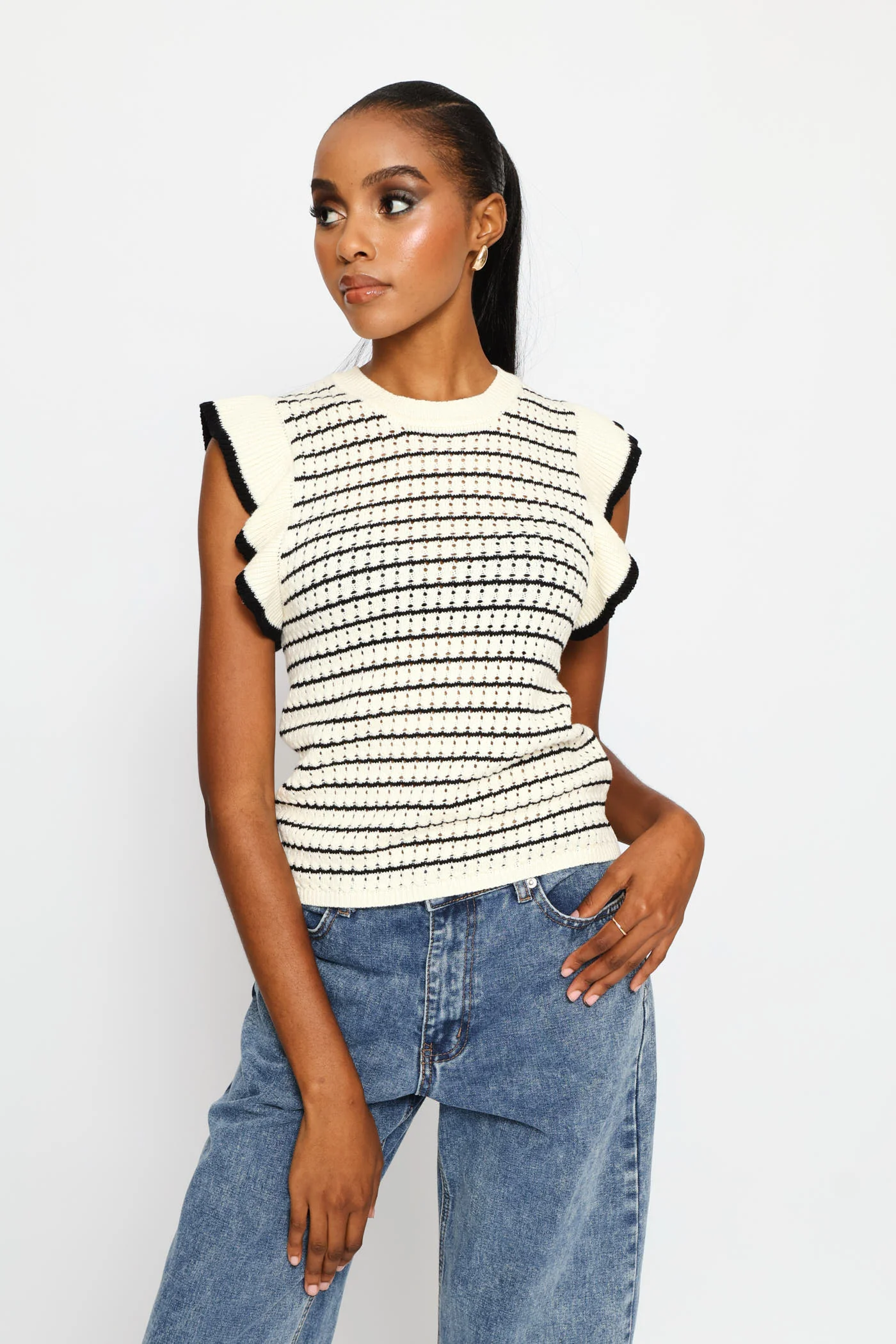 Tipped Frill Sleeve Stripe Knitwear Top - Cream/Black - Image 4
