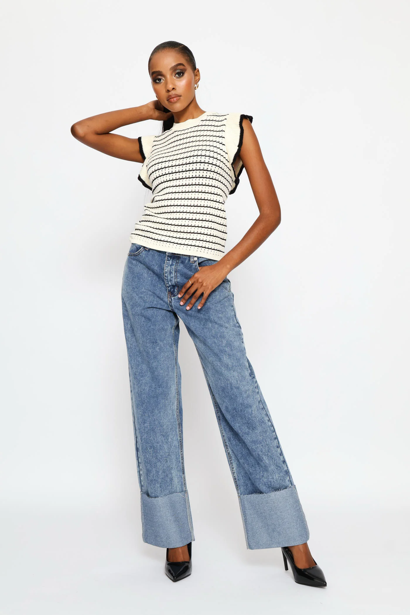 Tipped Frill Sleeve Stripe Knitwear Top - Cream/Black - Image 6