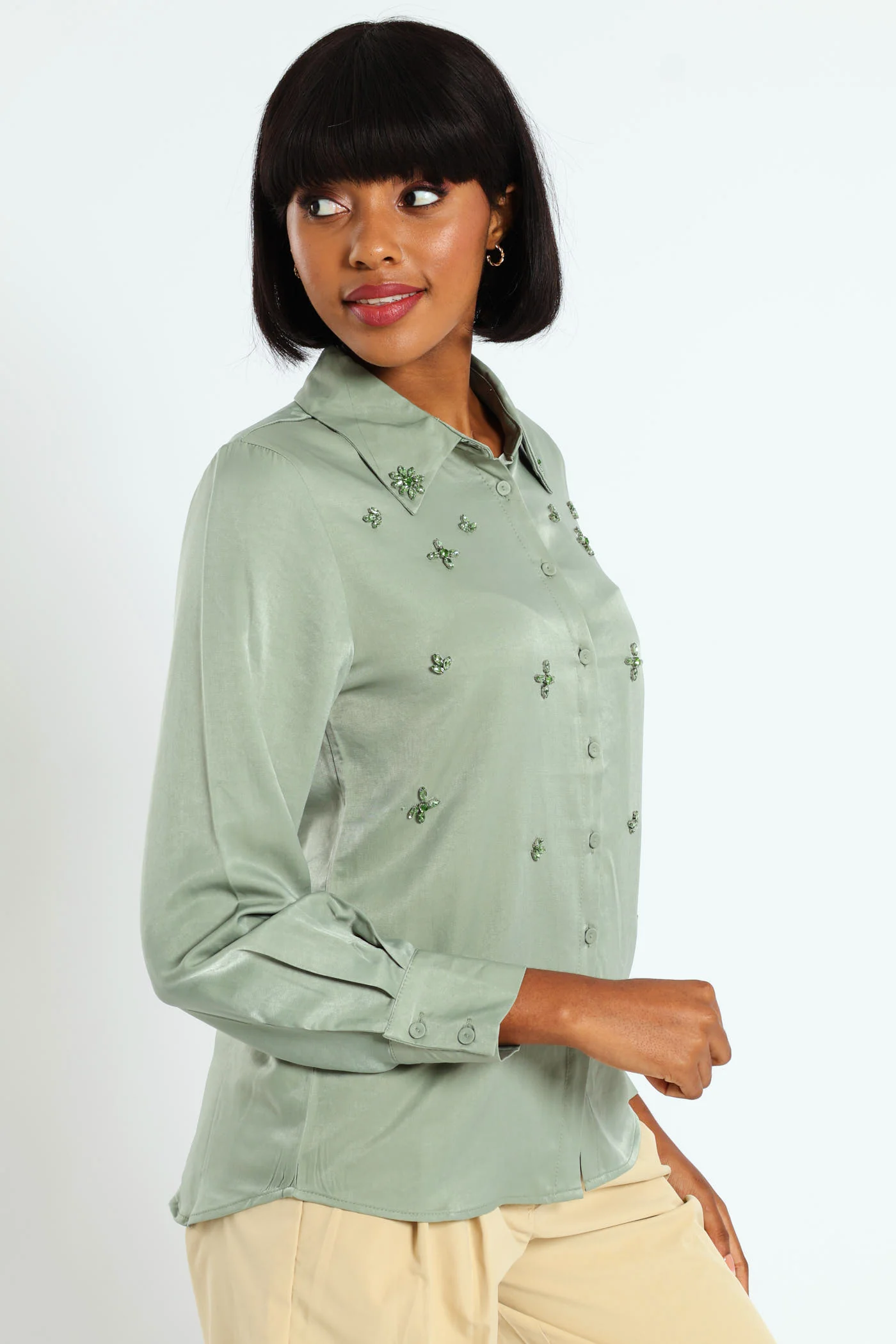 Tonal Jeweled Shirt - Olive - Image 4