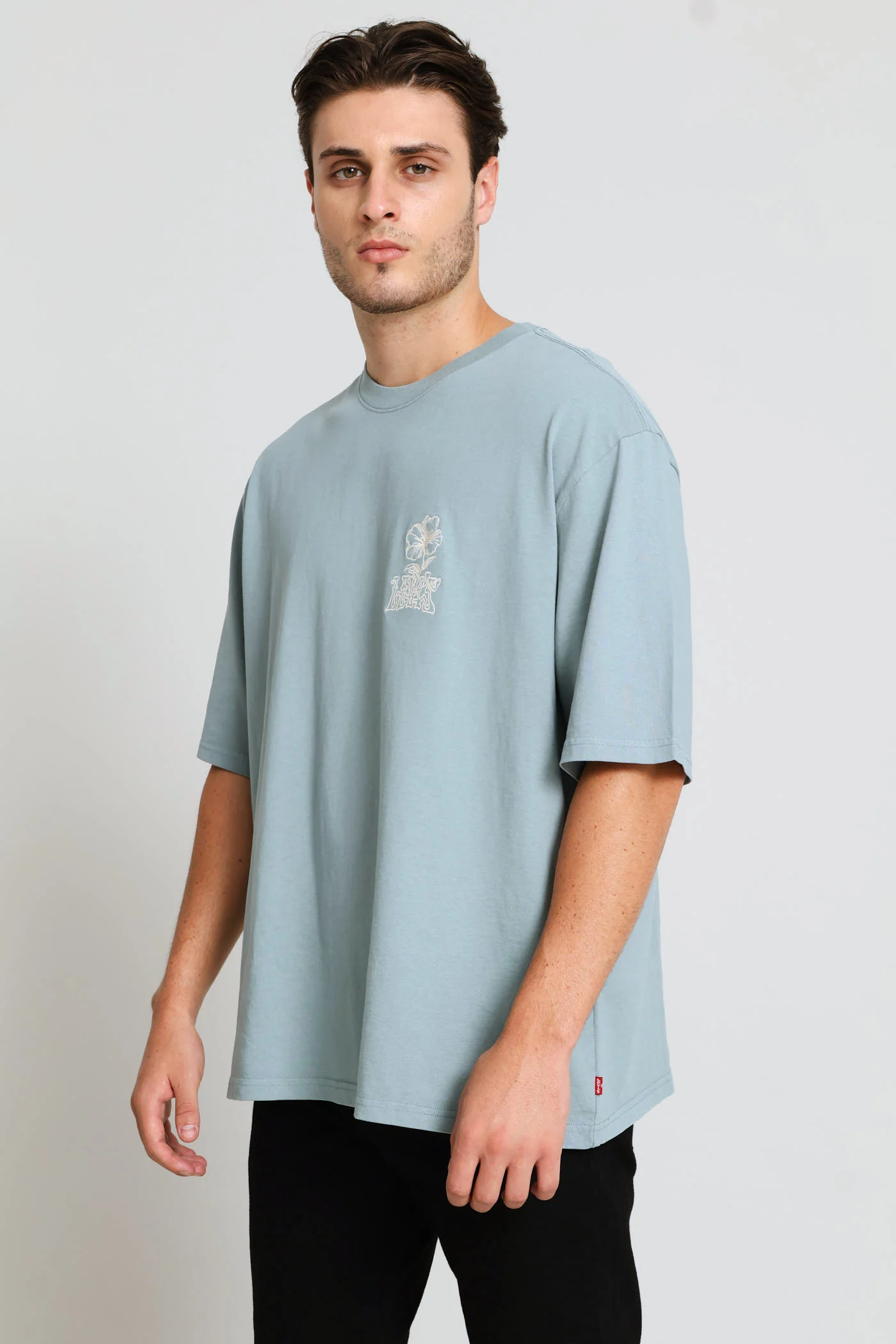 Tonal Script Floral Half Sleeve Tee - Blue - Image 4