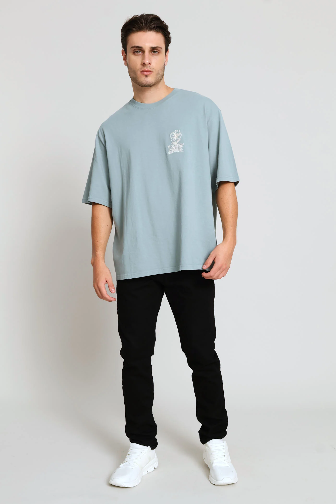 Tonal Script Floral Half Sleeve Tee - Blue - Image 6