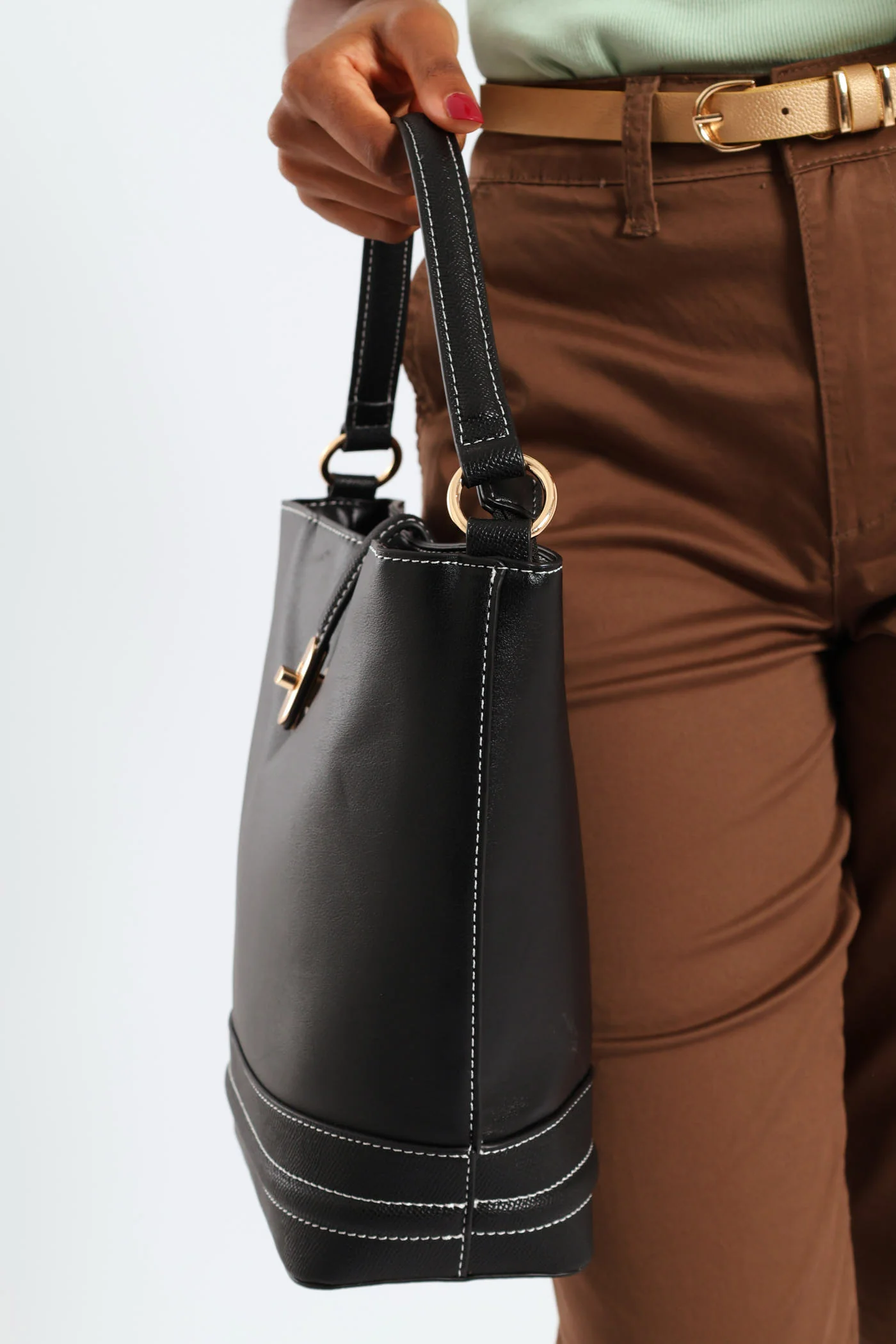 Top Handle Bucket Crossbody Bag - Black - Image 3
