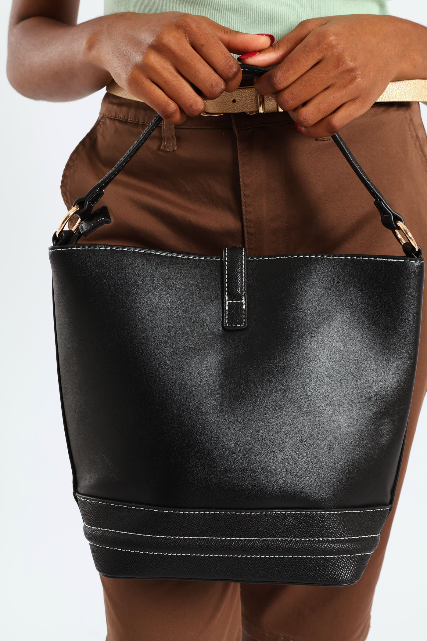 Top Handle Bucket Crossbody Bag - Black - Image 4
