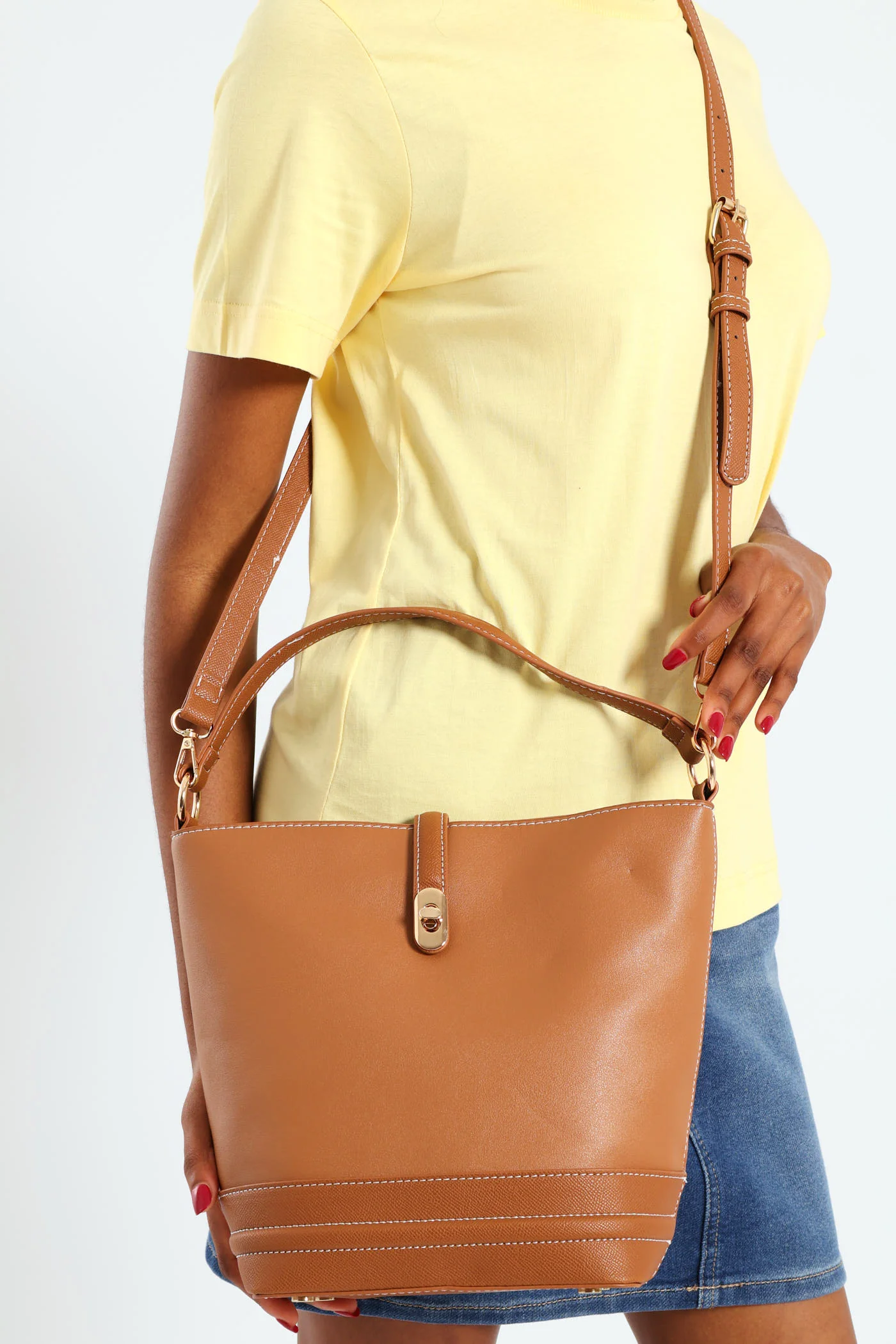 Top Handle Bucket Crossbody Bag - Tan - Image 2