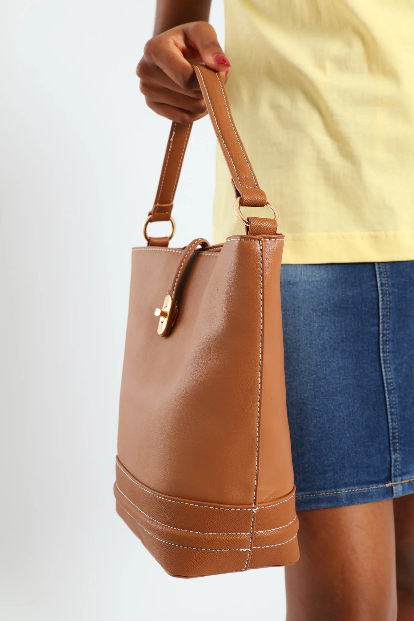 Top Handle Bucket Crossbody Bag - Tan - Image 3