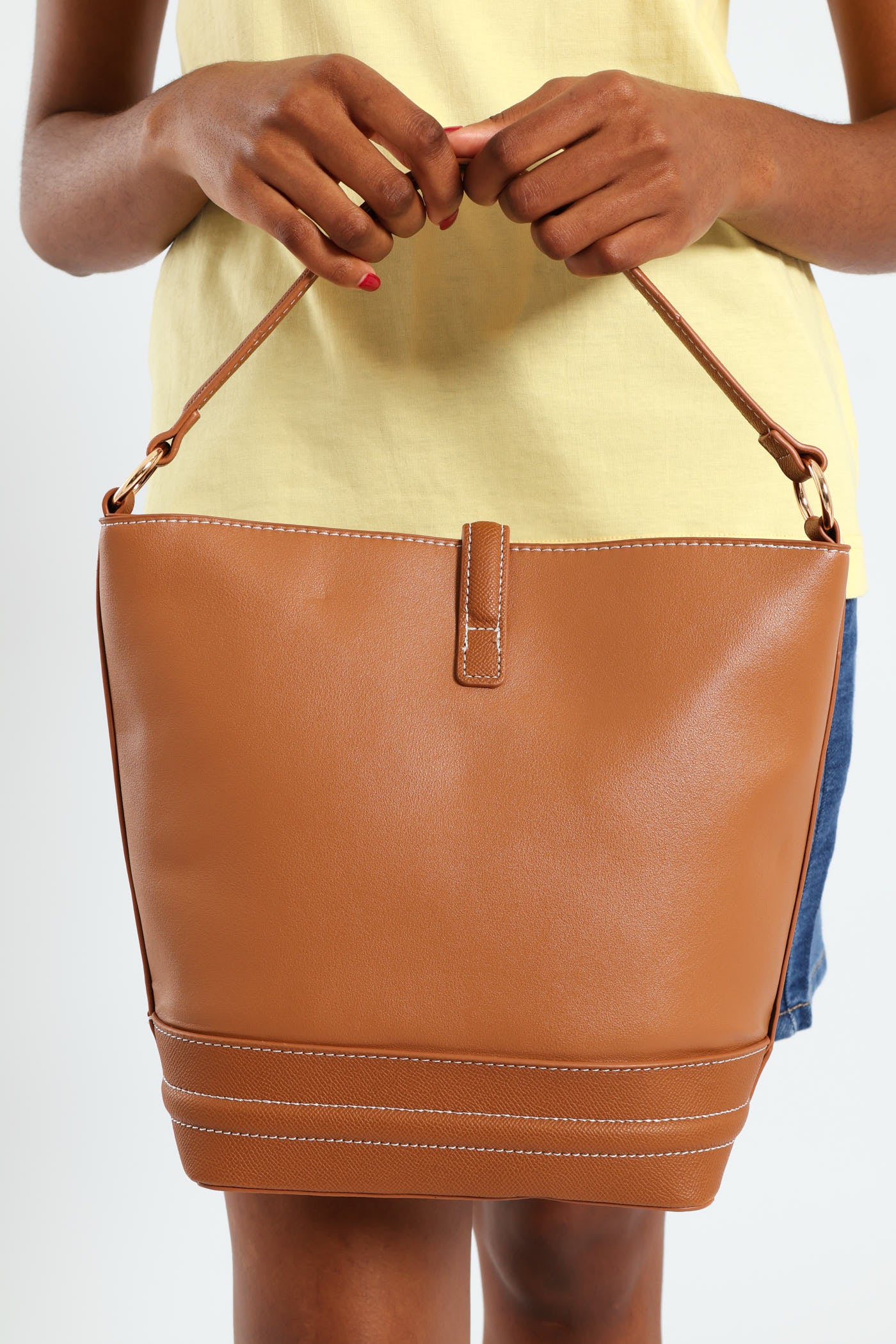 Top Handle Bucket Crossbody Bag - Tan - Image 4