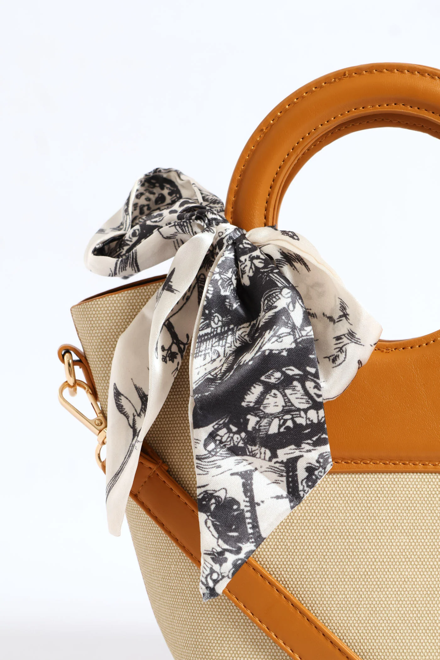 Top Handle Colour Block Bucket Crossbody Bag - Tan - Image 2